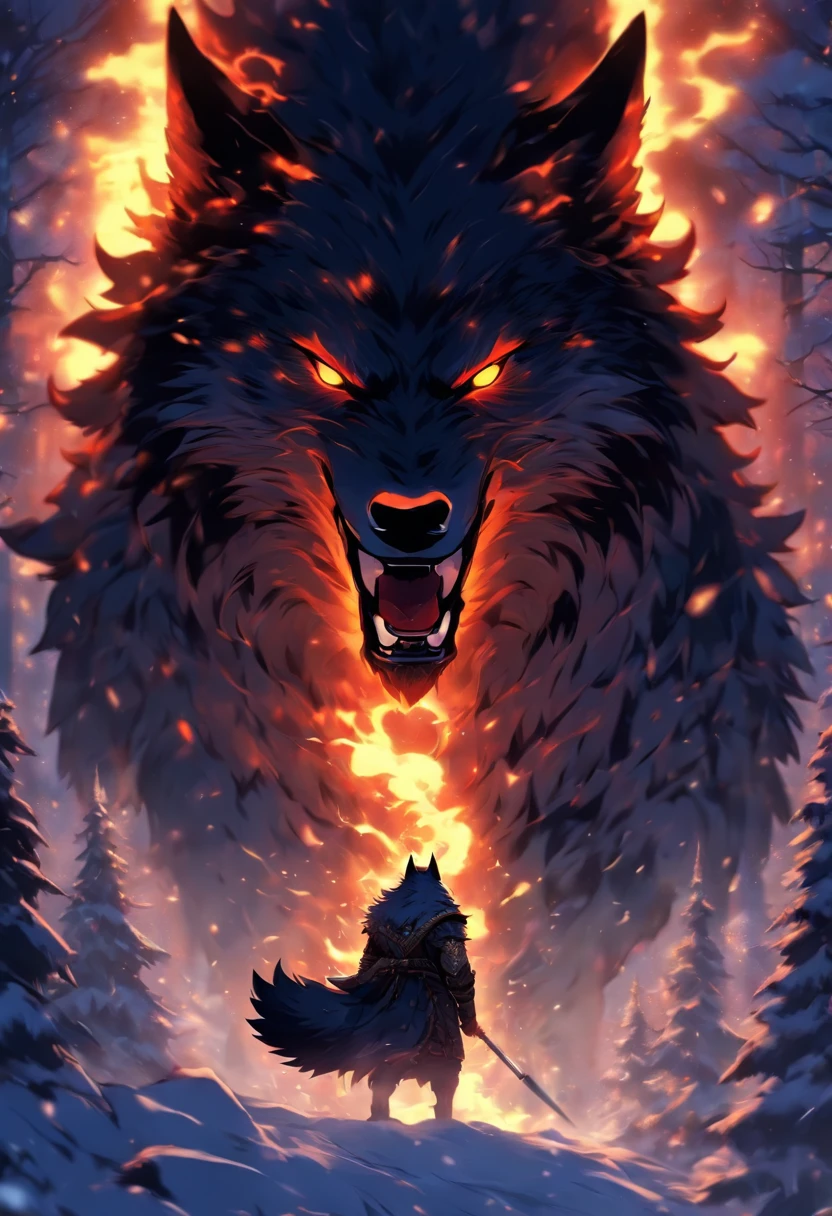 best quality, very high resolution, 4K detailed CG, master piece, Fenrir, Direwolf, Ragnarok, wolf, Chains, angry glare, snow, Tall trees, fire, drooling, Norse mythology, Vikings, beautiful aesthetics, Beautiful image, centered on the screen