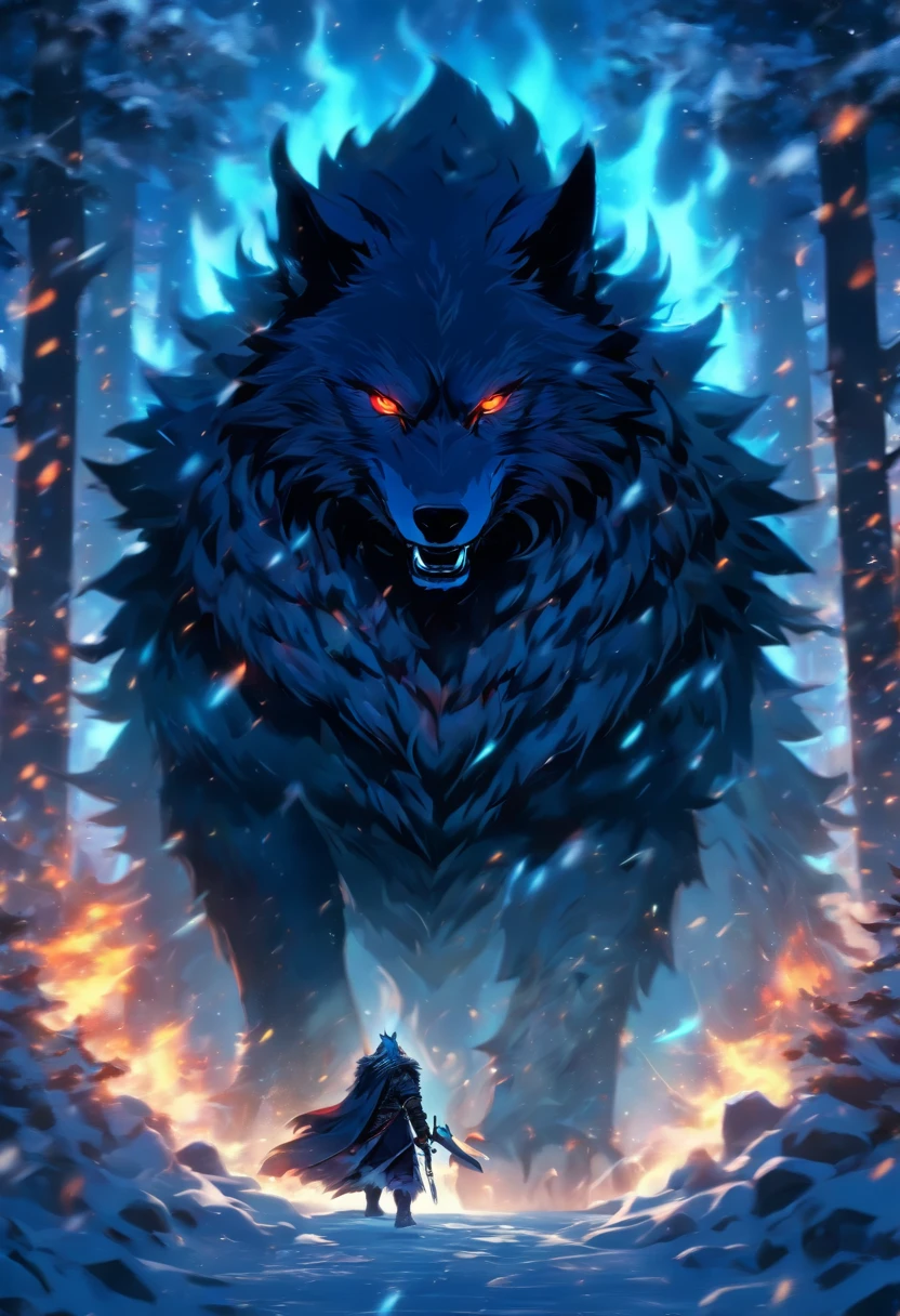 best quality, very high resolution, 4K detailed CG, master piece, Fenrir, Direwolf, Ragnarok, wolf, Chains, angry glare, snow, Tall trees, fire, drooling, Norse mythology, Vikings, beautiful aesthetics, Beautiful image, centered on the screen