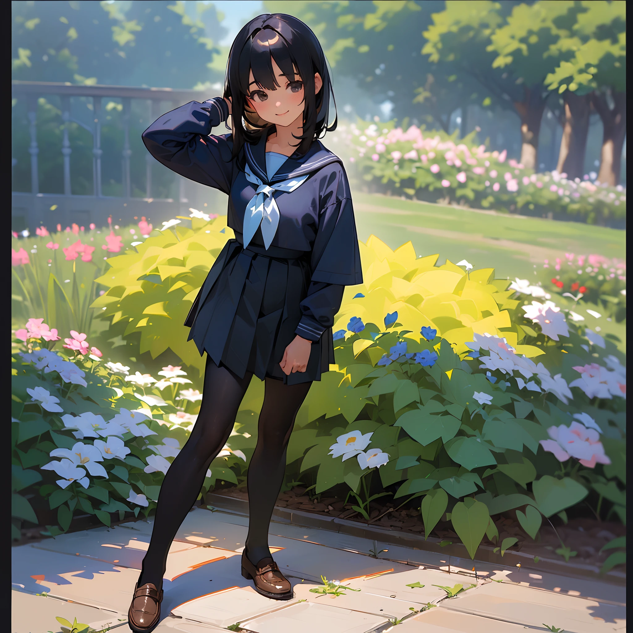 (Best Quality, hight resolution, Ultra-detailed, Realistic:1.37), peaceful ambiance, (plein air, garden), age girl standing alone, Beautiful detailed features, Cute smile, ((Black bob hair)),Navy blue sailor suit, Pleated skirt,Black tights,Brown leather shoes.