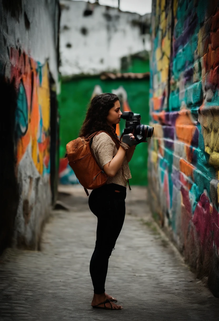 Maya, with your camera, fotografando um grafite codificado em uma parede de um beco escuro.