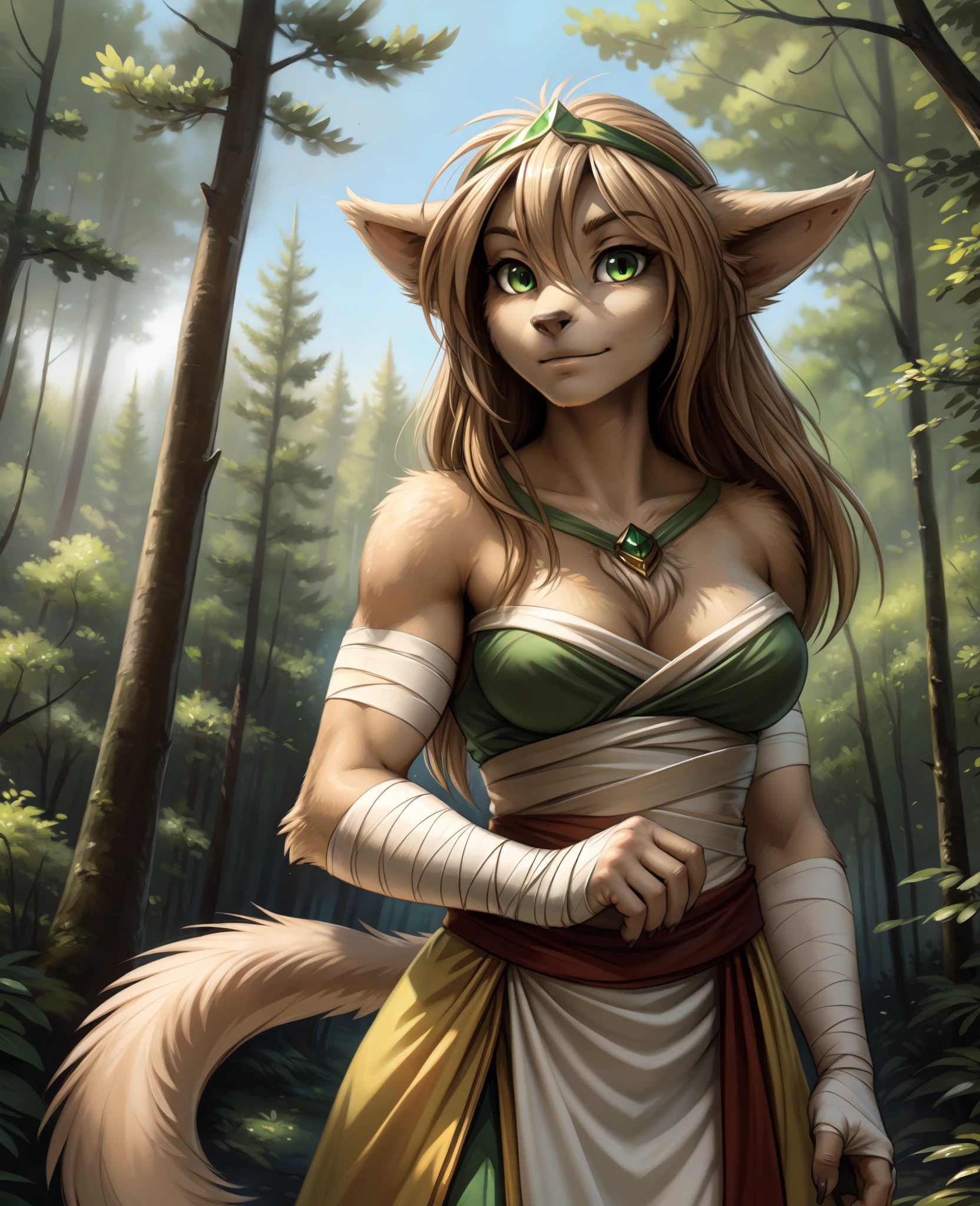 by kenket, by totesfleisch8, (by thebigslick, by silverfox5213:0.8), (by syuro:0.2), Jade_Adelaide, Adelaide, King Adelaide, (best quality, masterpiece:1), solo, furry female anthro, green eyes, wraps chest, arm wraps, long hair, light brown hair, portrait, fingers, finger claws, looking at viewer, tail, strong, (outdoors dark forest trees blurry blurred background:1.1)