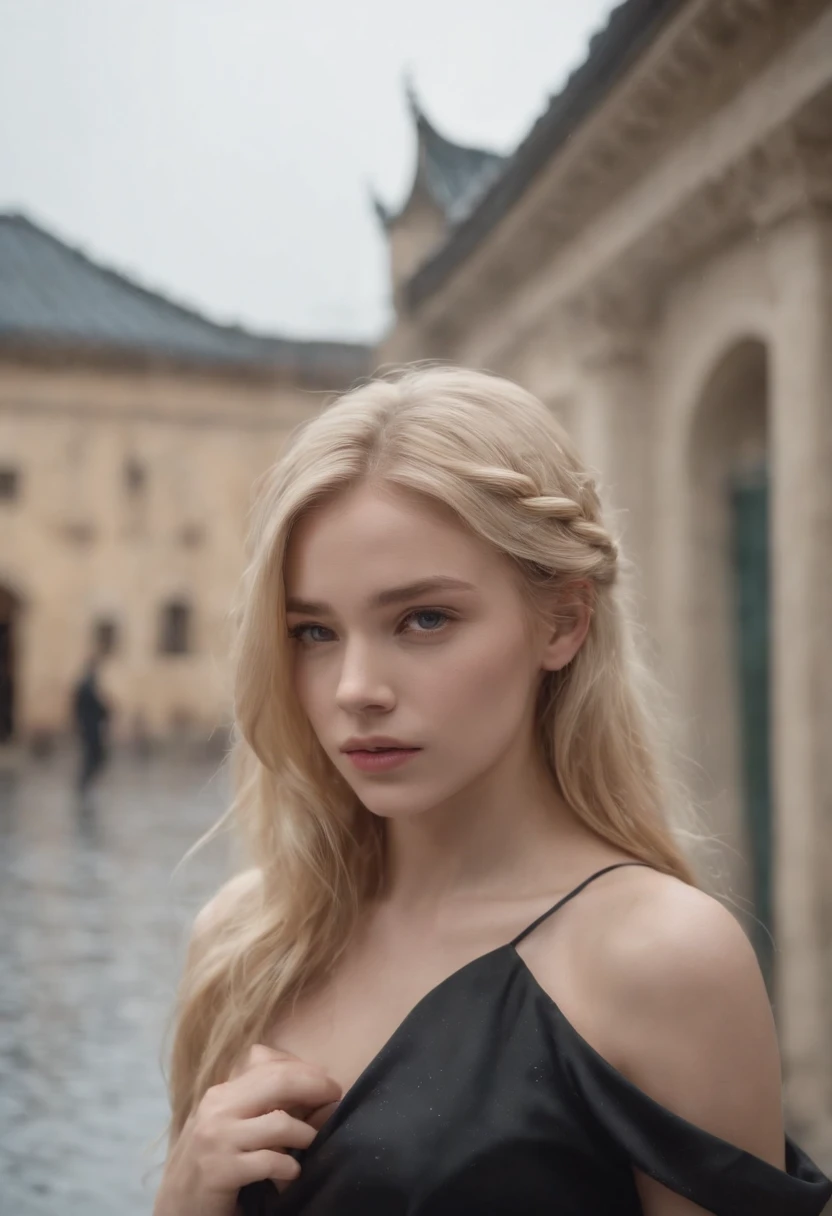18 Yo girl, Black Dress, with long coiled hair, Blonde, Beautiful face, rain, Roof, Masterpiece, intricately details, Perfect anatomy, Facial and body details.