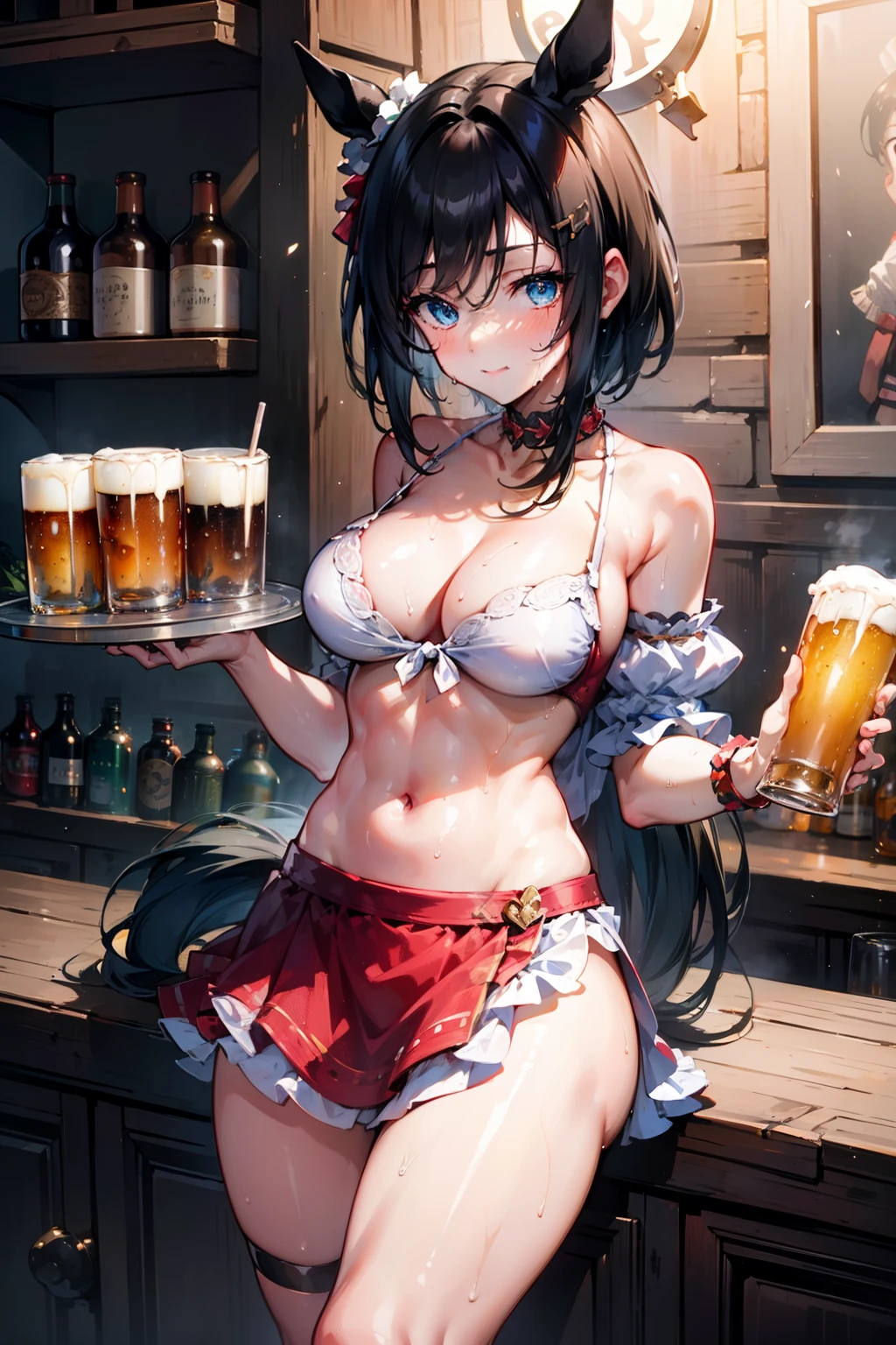 nsfw, masterpiece, 1 girl, intricately detailed, crop top, drindl, pubs, table, crowd, navel, necklace, beer, tavern, inn, pub, crowd, maid skirt, waist apron, short black hair, smiling, extremely detailed, photorealistic, octane render, 8 k, unreal engine. horse ears, horse tail, large breasts, , aqua eyes, carrying beer tray, bare stomach, sweaty, people on background