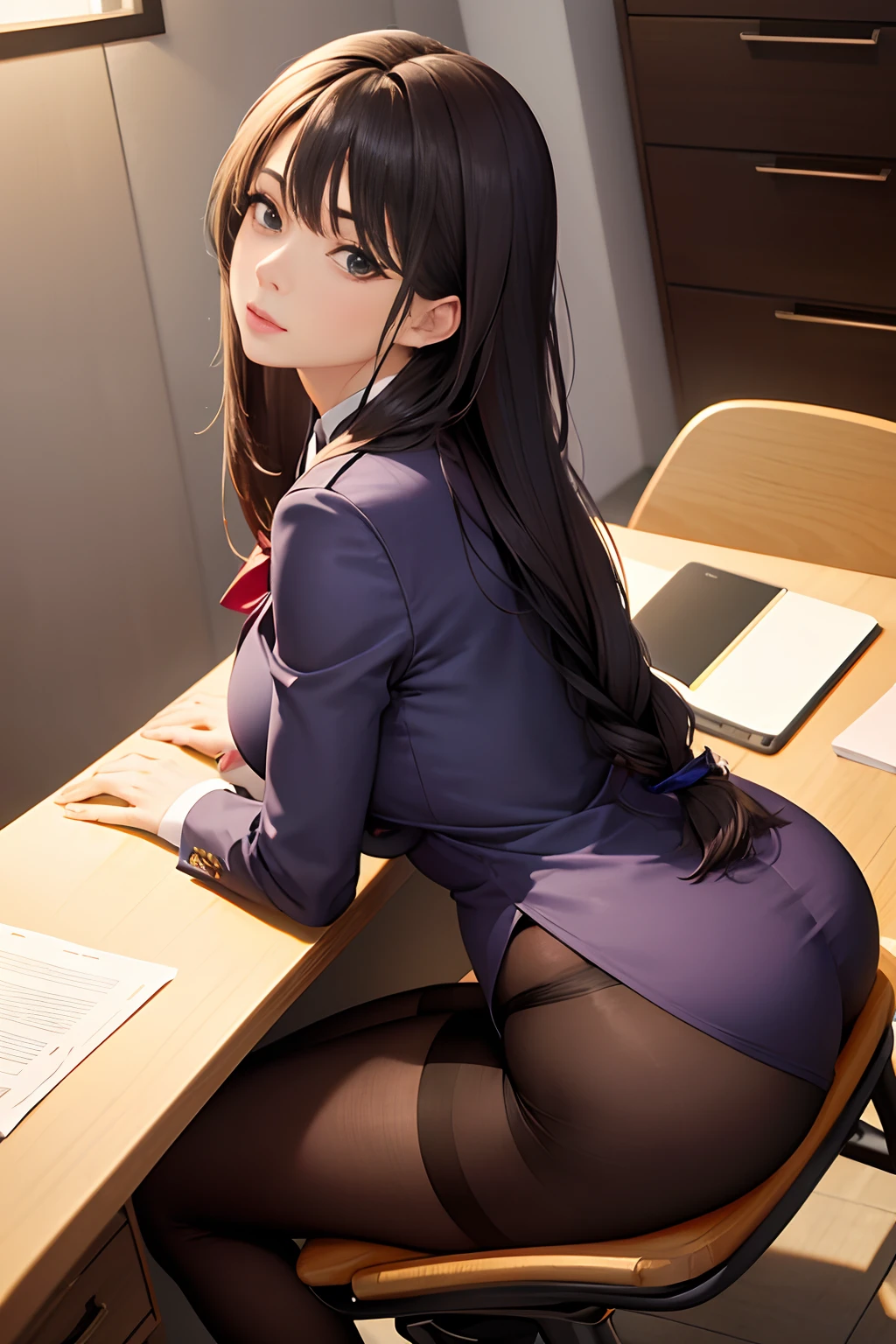 25 year old woman, Wearing a women's suit, Office Desk, very beautif, High-definition facial skin texture, realistic skin textures, Model body type, Sit on a chair,  Glossy suit, medium and tall body shape,,,,,,,,,,,,,,Large eyes, The jaw tip is firm, ???????? are small, Sareme、Cool eyes, Enlarge chin, sitting on, The lower body is small, Cool Beauty, Beautiful shape, Live action, be sweaty, Long straight hairstyles, The bust is slightly larger, a miniskirt, pantyhose, tied behind the back