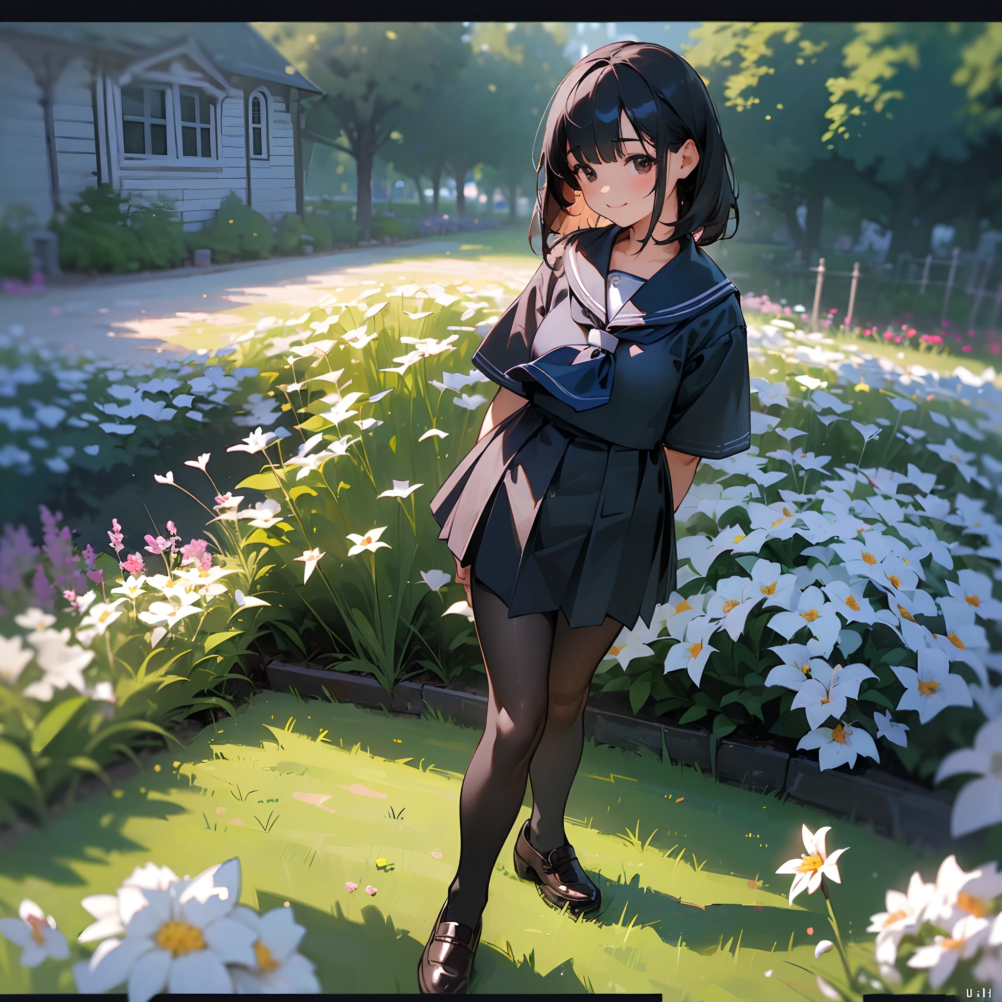 (Best Quality, hight resolution, Ultra-detailed, Realistic:1.37), peaceful ambiance, (plein air, garden), Teenage girl standing alone, Beautiful detailed features, Cute smile, ((Black bob hair)),Navy blue sailor suit, Pleated skirt,Black tights,Brown leather shoes.