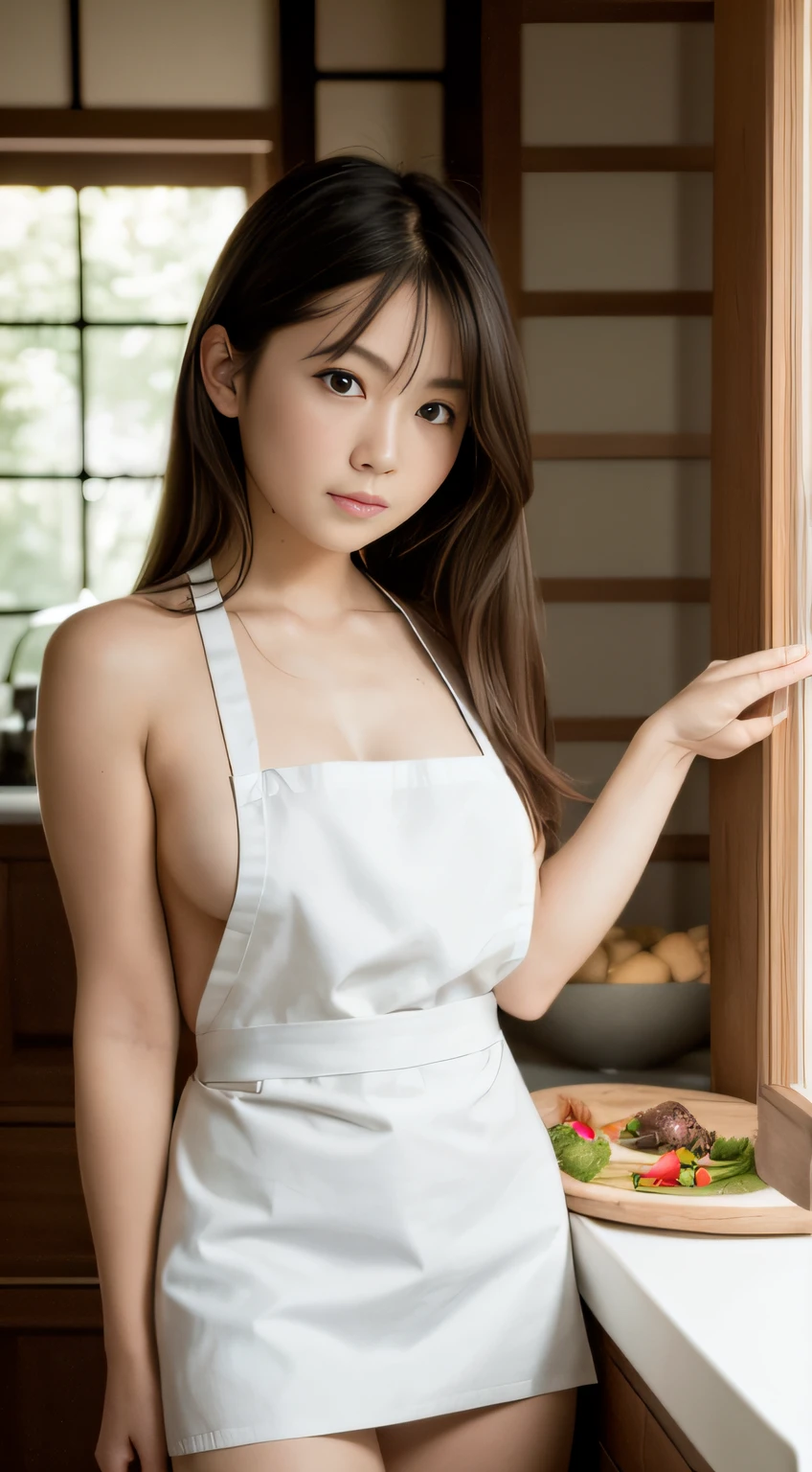 hightquality、​masterpiece、ultra res、cute girl face、cuisine、barechested、Naked apron、Wearing an apron、full bodyesbian、Famous actresses of Japan、very beautiful face