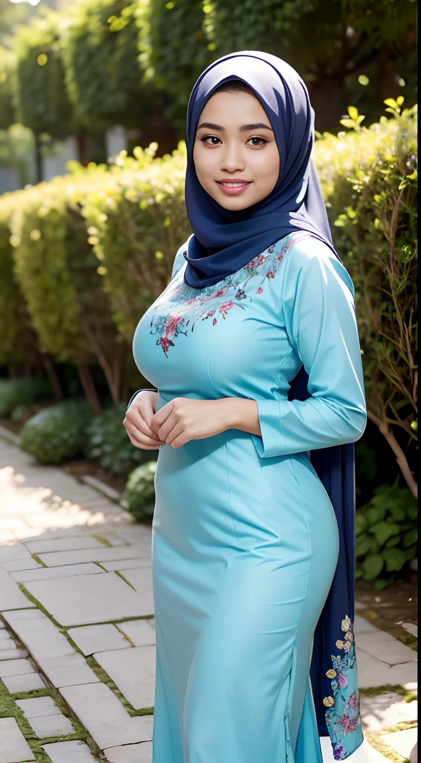 RAW, Best quality, high resolution, Masterpiece: 1.3), Beautiful Malay woman in hijab, Masterpiece, Perfect slim body, ((Big breasts)), Beautiful big eyes, Soft smile, (wearing baju kurung), smiling, windy, skin details, skin texture details, moles under eyes, big breasts, wide hips, thick thighs, sexy body, morning time, laughing, happy, bright sunlight, flower garden path, blurred background, bokeh,