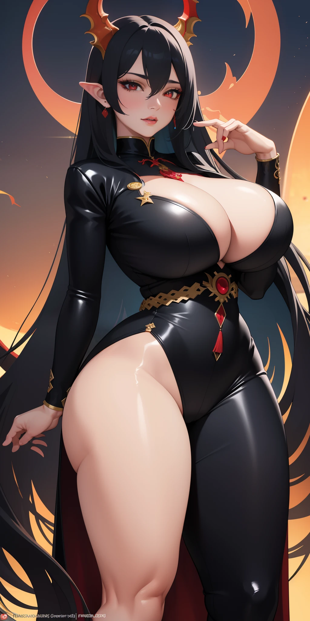 (best quality, ultra-detailed, realistic:1.37), beautiful dragon girl, black long hair, red lustful eyes, very thicc, gigantic boobs, gigantic ass, gigantic hips, slutty demeanor, VTuber model, seductive, alluring gaze, curvaceous figure, intense and fiery presence, stunning body proportions, enchanting charm, delicate facial features, mesmerizing aura, sensuous allure, captivating and powerful presence, provocative attire, sultry and enticing expression, bewitching and irresistible beauty, seductive pose, vibrant colors, captivating personality
