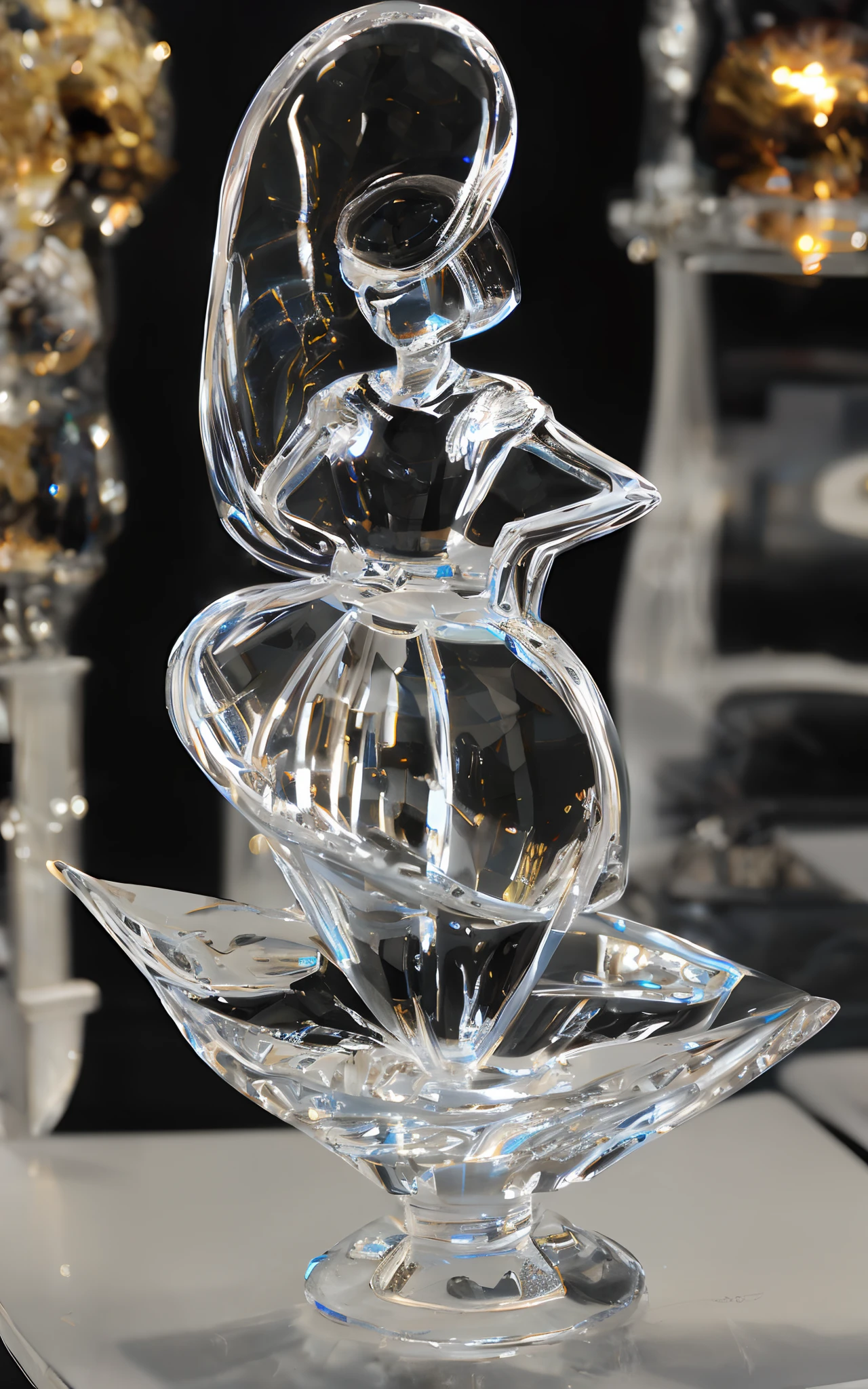 transparent glass ballerina figurine, 3D model, looking at the viewer, crazy details, perfect anatomy, perfectly drawn face, perfectly drawn eyes, extremely detailed, light through glass, surround lighting, black background, art station, science fiction, intricate artistic masterpiece, ominous, poster, matte film for painting, popular in cgsociety intricate epic detailed vivid production ultra-high-quality cinematic rendering of characters