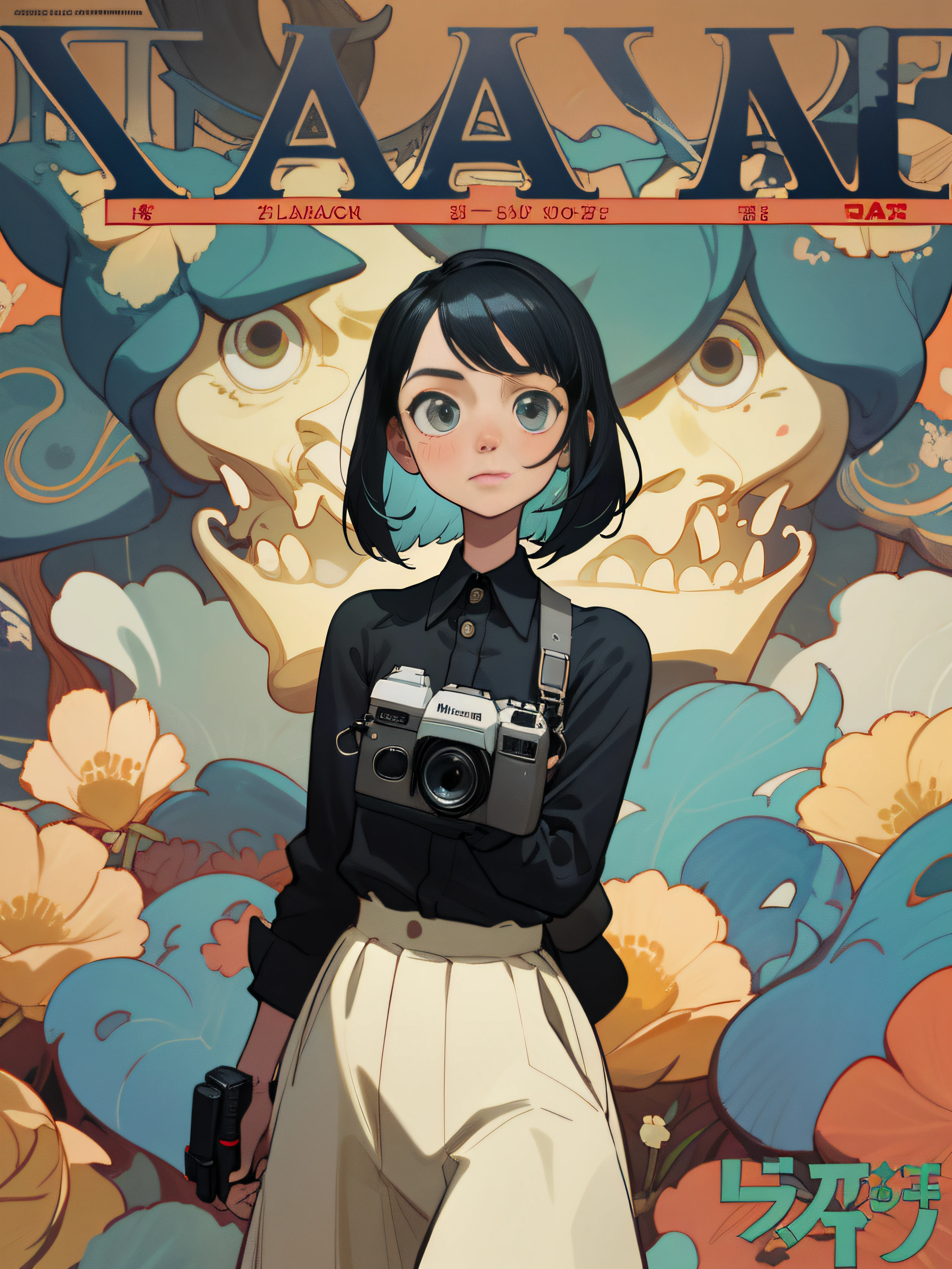 masuter piece,Best Quality,Ultra-detailed), (A detailed face),1girl in,Short bob with black hair,Baggy white shirt and long skirt, Unclear, Floral ornament, Very detailed, Dynamic Angle, cowboy  shot, Most Beautiful Forms Chaotic, elegent, Fauvistdesign, Bright colors, romanticism, michal mraz, Adrian Ghenny, petra cortright, Atmospheric, SLR camera, (looking at the viewers), (magazine:1.3), (cover-style:1.3), Font,magazine style