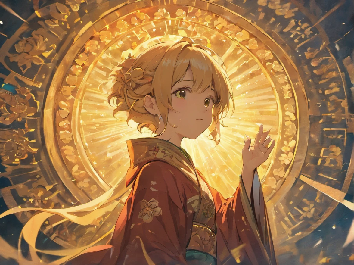A young boy of about 18 years old prayed three times before the Buddha to ask for wealth,Wealth comes first(The scene should be able to show the appearance of seeking wealth,The ancient Chinese style is a little more Japanese,The whole picture is the kind of picture that the sun just shines in in the morning)