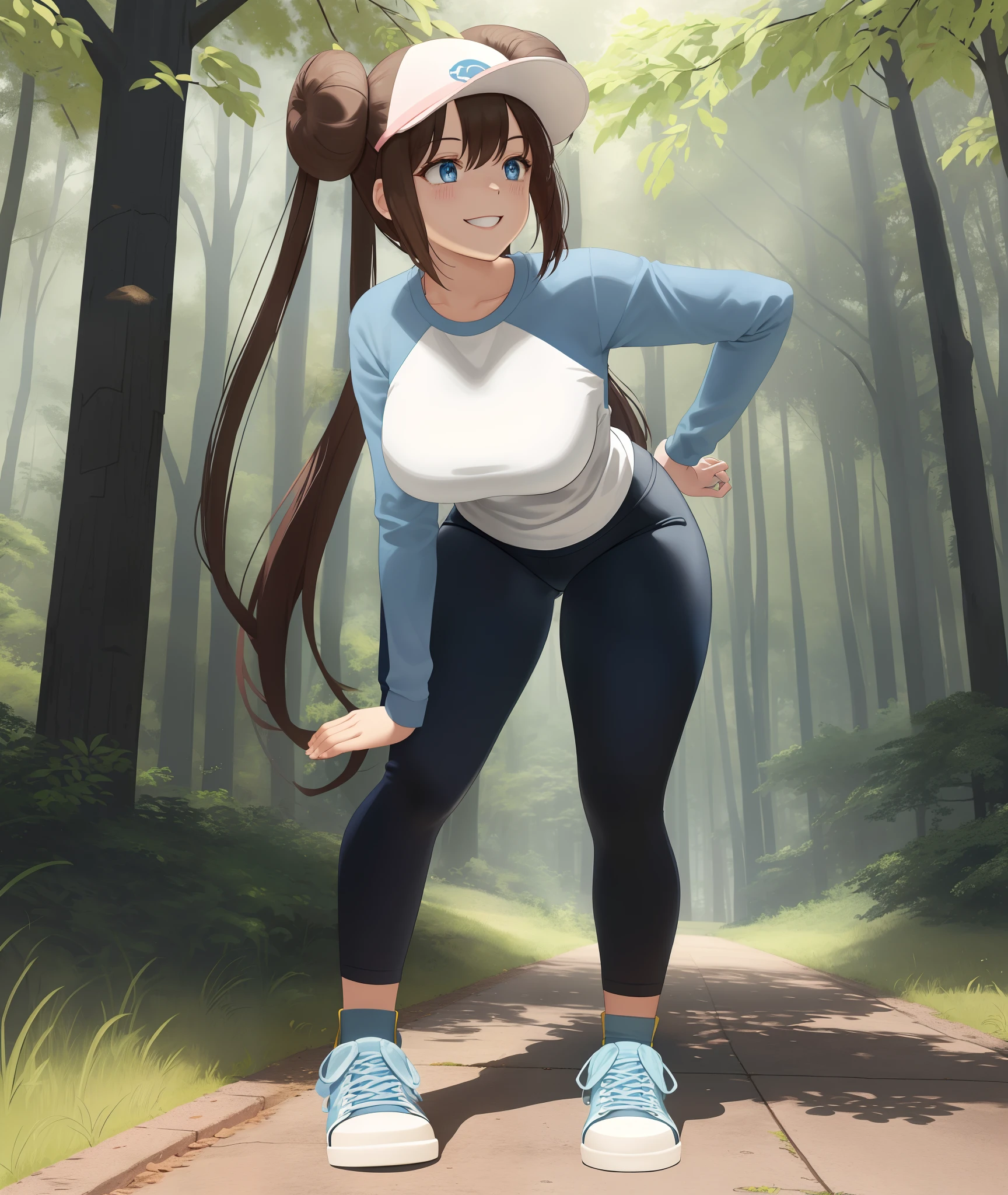 [Rosa_(Pokemon)], ((masterpiece)), ((high quality)), ((HD)), ((detailed shading)), ((beautiful solo portrait)), ((full body)), ((front view)), ((anime)), {attractive woman, brown hair, long twin tails, 2 hair buns, (beautiful blue eyes), beautiful thighs, gorgeous hips, beautiful lips, (excited smile), (white teeth)}, {(yellow long sleeve sweater), (blue sleeves), (black spandex yoga pants), (blue converse sneakers), (yellow laces), (white visor with pink brim)}, {(standing), (bending over), (hands on knees), (looking ahead)}, [background; (park), (trees), (trees), (sun rays through trees)]