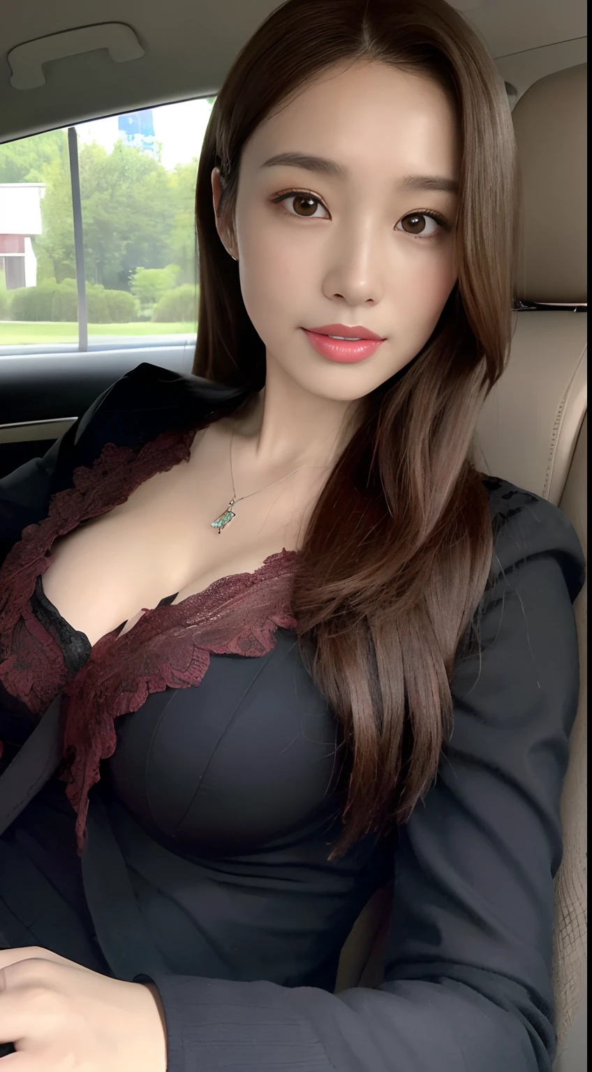 ((The highest image quality, 8K, tmasterpiece:1.3)), 1girll, Beautiful woman with slender abs:1.3, (dark brown hair, No leakage of big breasts:1.2), The shirt，Manteau:1.1, Ultra-fine face, A detailed eye, 二重まぶた，ssmile，Home,inside of a car