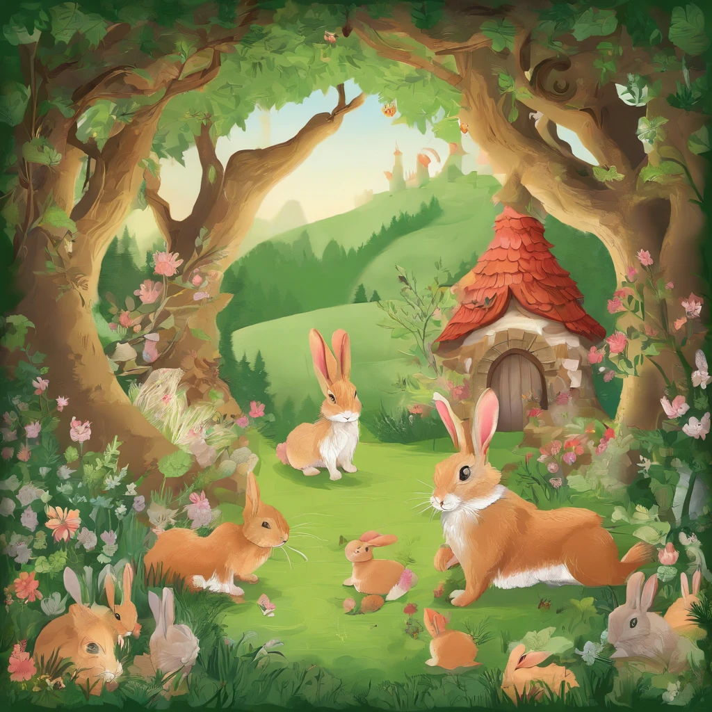 A rabbit that lives in a beautiful burrow in the middle of the forest with his family of rabbits.