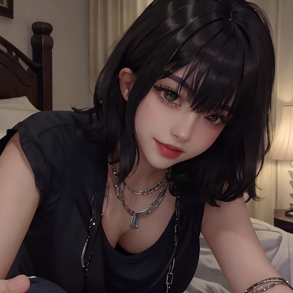 masterpiece, best quality,realistic,absurdres,1girl,looking at viewer,long hair,egirl_outfit,egirl_face, night, bedroom, face detail, face retouch, downblouse, leaning forward, huge breasts, smiling, laughing, short hair with messy bangs, curly hair, chains, spiky hair, spiked hair