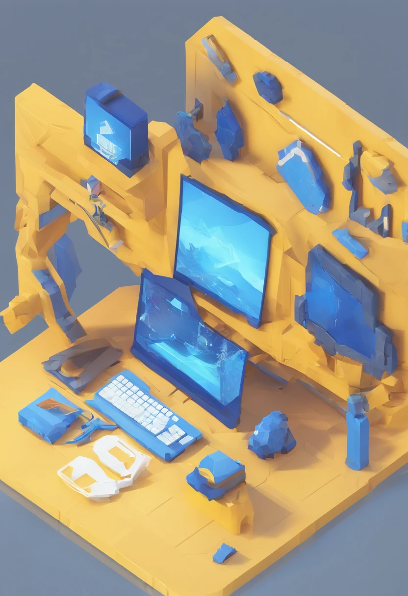 a working desk with pc, designer tools, and some toys, the screen on the PC displays mobile apps, make the style more futuristic but keeping it simple, clay render, white and blue and yellow