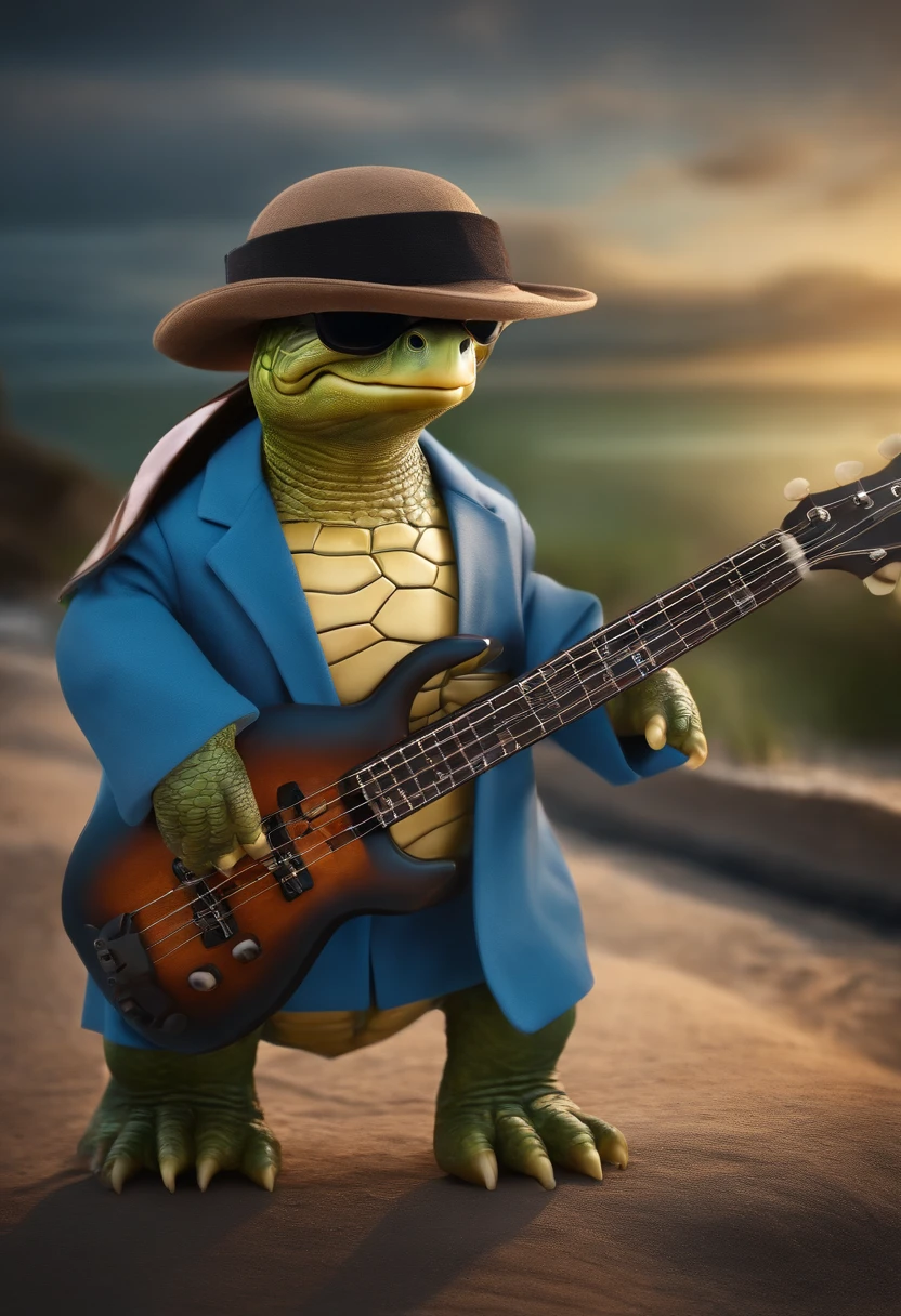 Turtle ((old master)), bass guitar, bucket hat, glasses