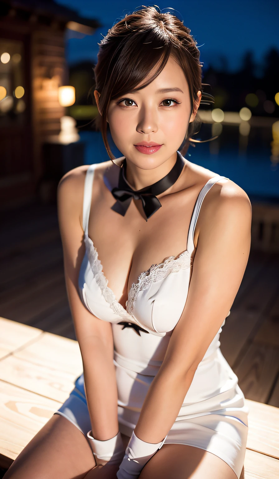 (8k, RAW photo, best quality, masterpiece:1.2), (realistic, photo-realistic:1.37), ultra-detailed,
1 girl,cute, solo,beautiful detailed sky,detailed cafe,night,sitting,dating,(nose blush),(smile:1.1),(closed mouth),large breasts, seductive smile, large aparture, professional lighting, Sony A7R4, Zessie 50mm F1.8,,fold your arms behind head:1.5,mole under eye:1.2
medium breasts,beautiful detailed eyes,(white sexy dress:1.1), bowtie,pleated skirt,(short hair:1.2),floating hair