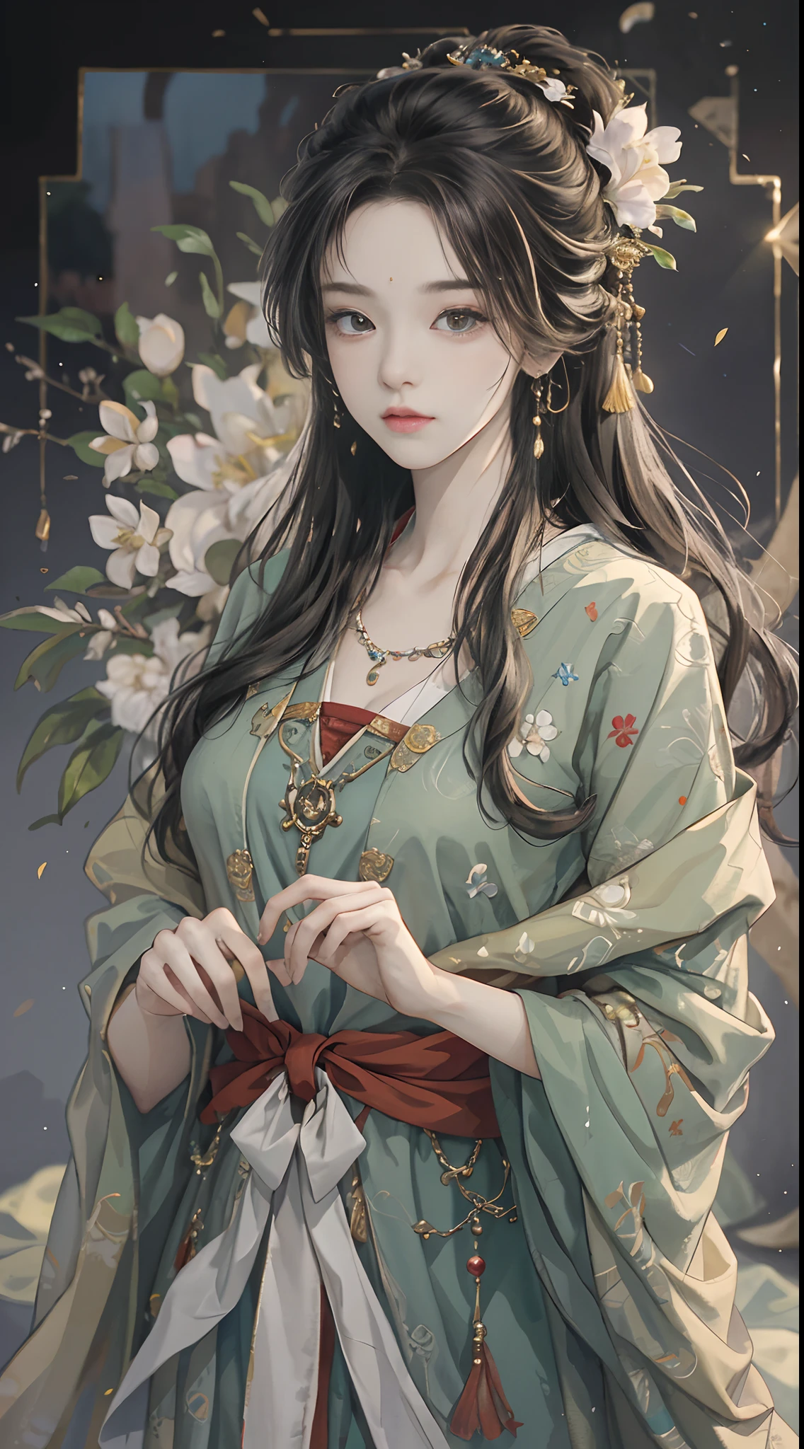 Original，（illustratio：1.1），（best qualtiy），（tmasterpiece：1.1），（the Extremely Detailed CG Unity 8K Wallpapers），（a color：1.2），1 The god of magnolia flowers，goddes，，ancient costume，Hanfu，best qualtiy，Extremely detailed jewelry，Plum petals，scenecy，rios|Wagas，