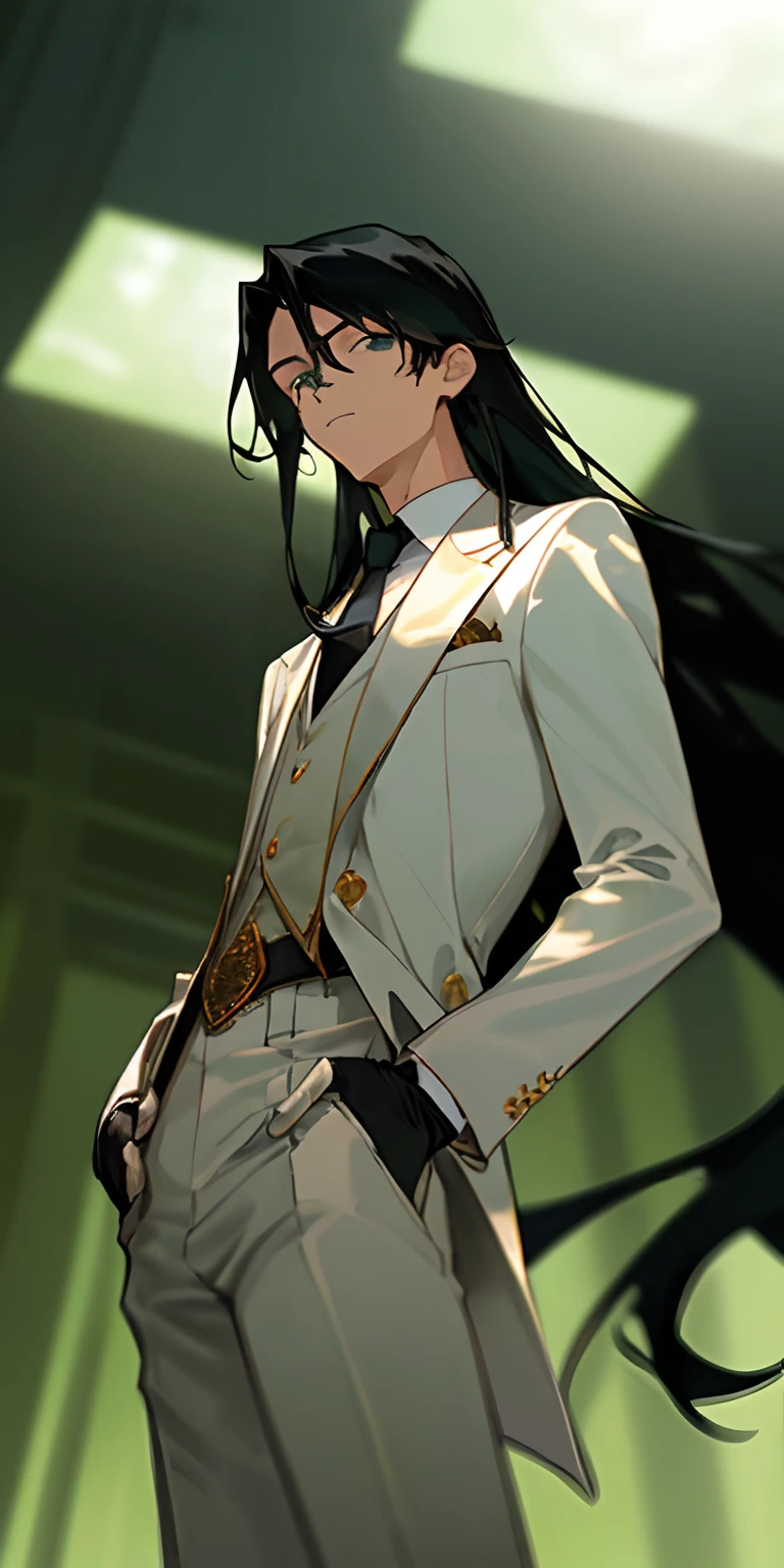 (masterpiece, best quality),(((from below, depth of field, dutch angle, green lighting))), floating hair, 1boy, solo, formal, hand in pocket, white and gold suit, black gloves, forest, looking at viewer, black necktie, fingerless gloves, white shirt, white jacket, belt, white pants, collared shirt, blue eyes, standing, long sleeves, black hair, landscape, open jacket, cowboy shot, skyscraper, white suit, day, pant suit, very long hair