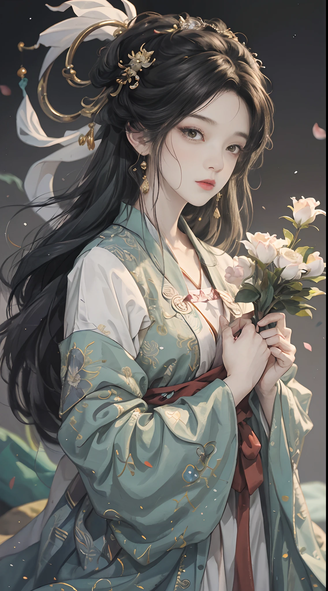 Original,(illustratio:1.1),(best qualtiy),(tmasterpiece:1.1),(the Extremely Detailed CG Unity 8K Wallpapers),(a color:1.2),1 God of gardenias,goddes,,ancient costume,Hanfu,best qualtiy,Extremely detailed jewelry,Plum petals,scenecy,rios|Wagas,