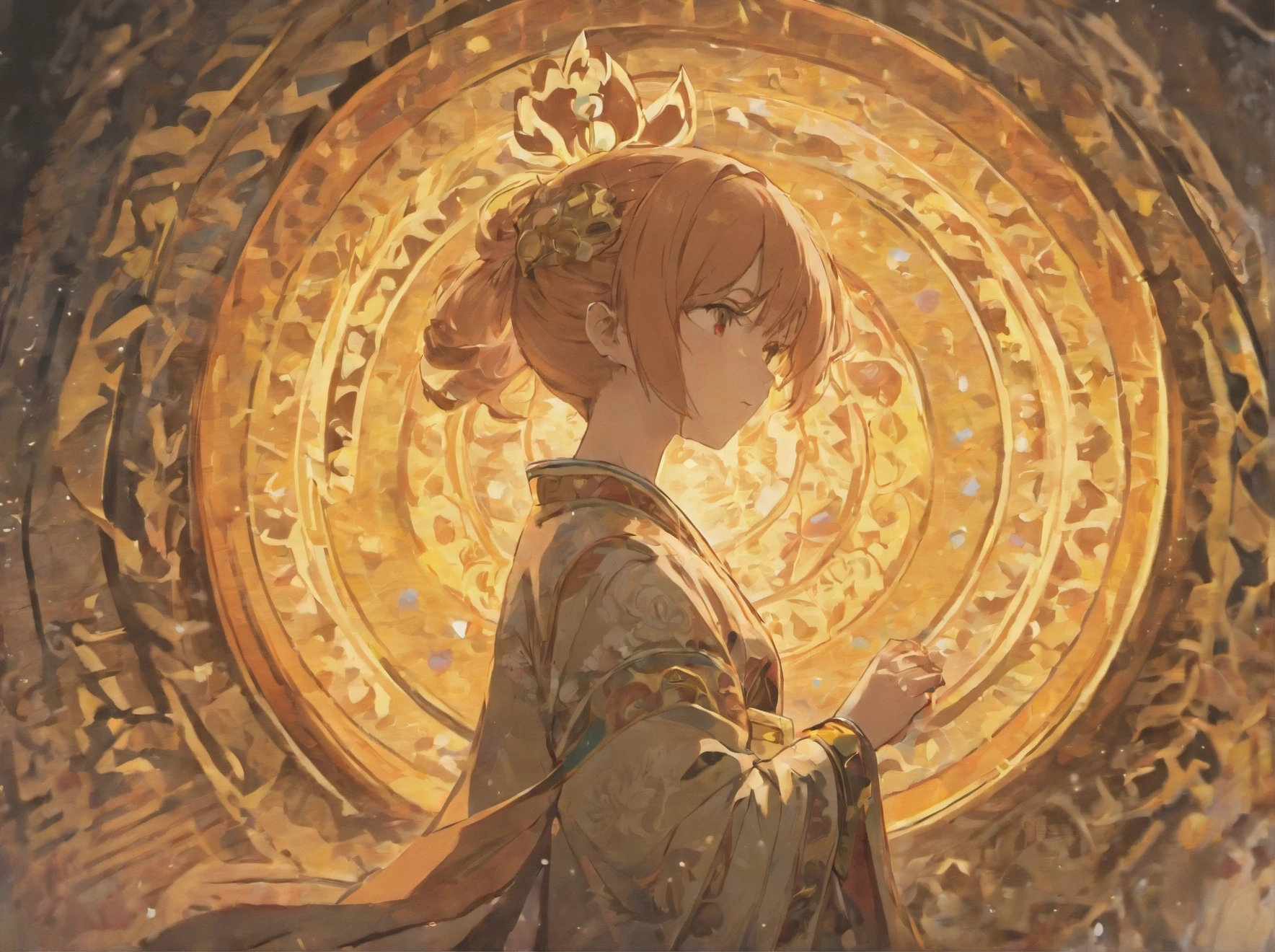 A young boy of about 18 years old prayed three times before the Buddha to ask for wealth，Wealth comes first（The scene should be able to show the appearance of seeking wealth，The ancient Chinese style is a little more Japanese，The whole picture is the kind of picture that the sun just shines in in the morning）