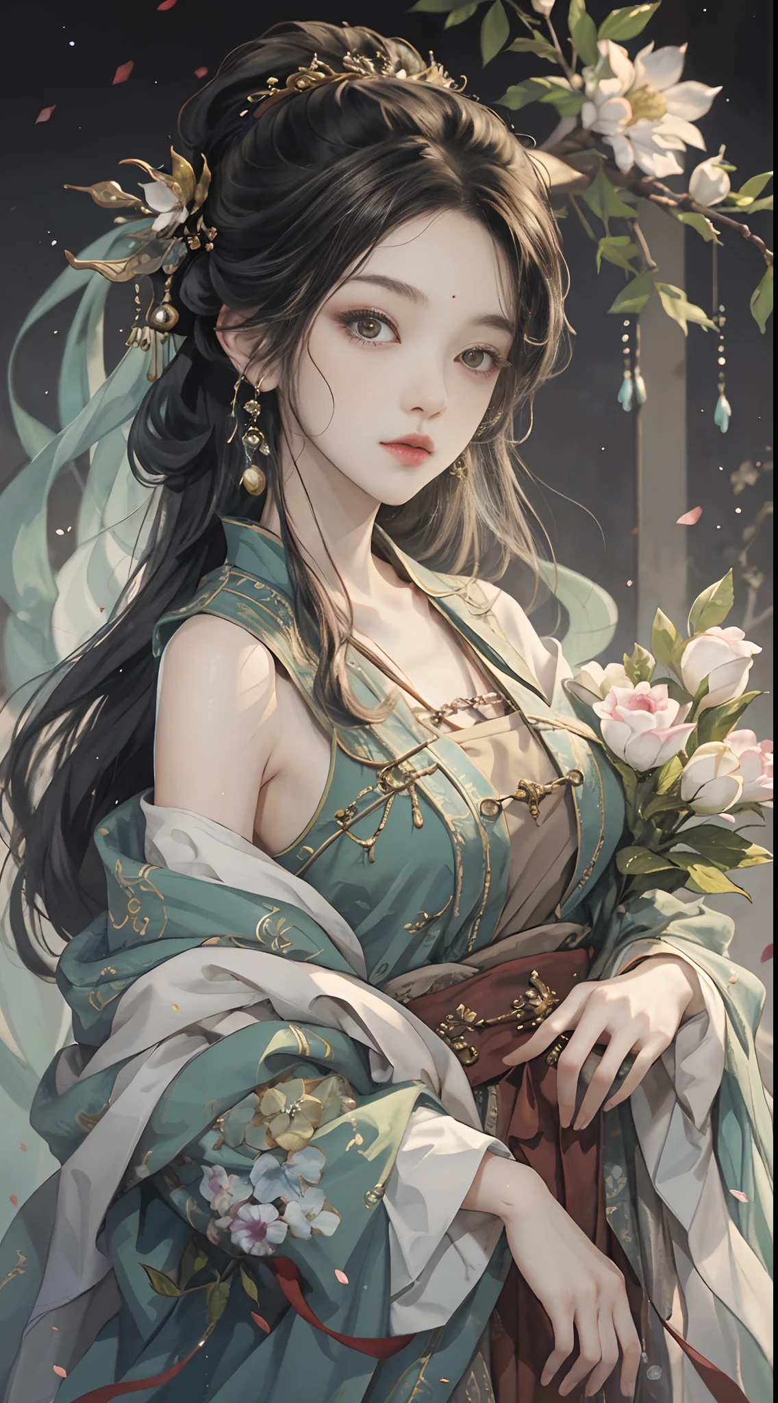 Original，（illustratio：1.1），（best qualtiy），（tmasterpiece：1.1），（the Extremely Detailed CG Unity 8K Wallpapers），（a color：1.2），1 God of gardenias，goddes，，ancient costume，Hanfu，best qualtiy，Extremely detailed jewelry，Plum petals，scenecy，rios|Wagas，