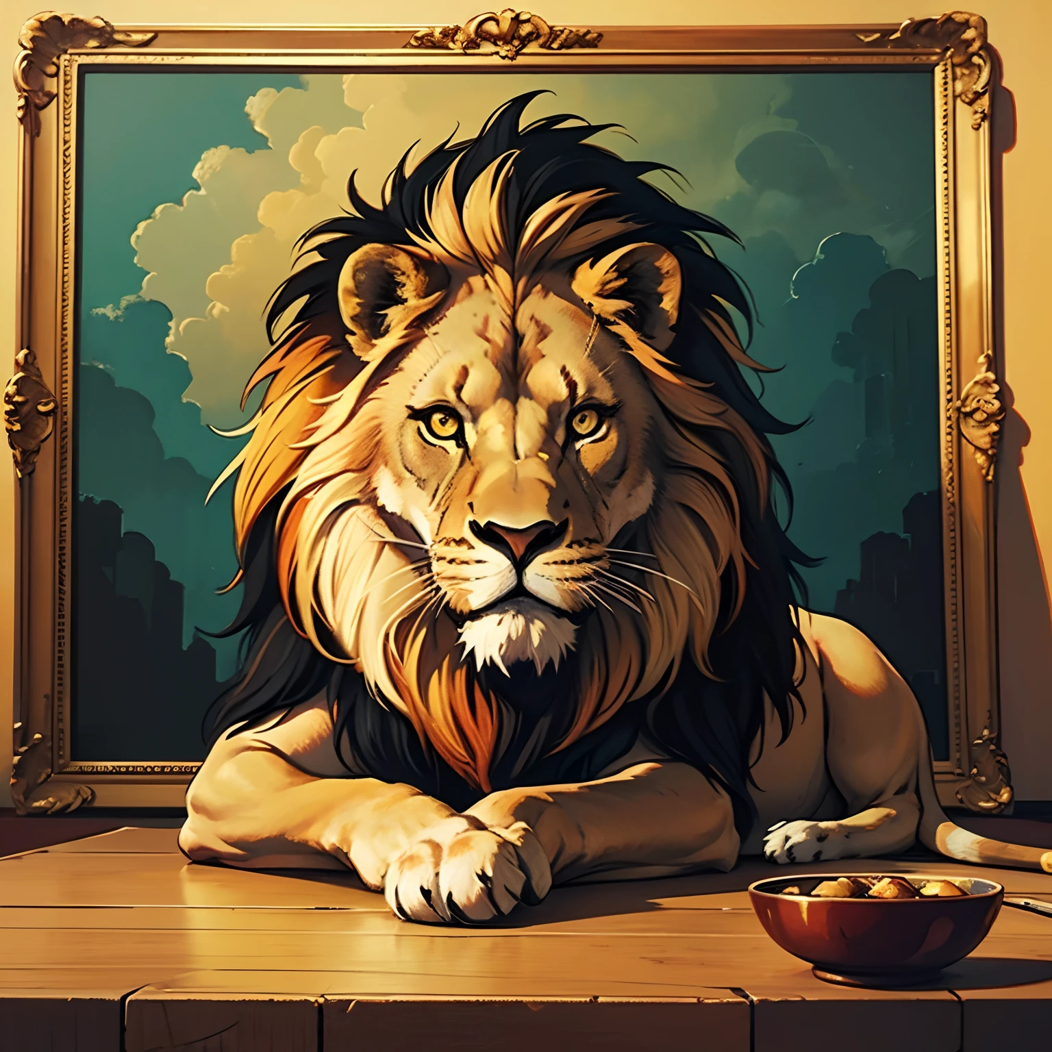 Lion in an oil painting on canvas, High contrast and color 8K lighting, piceladas e tintas