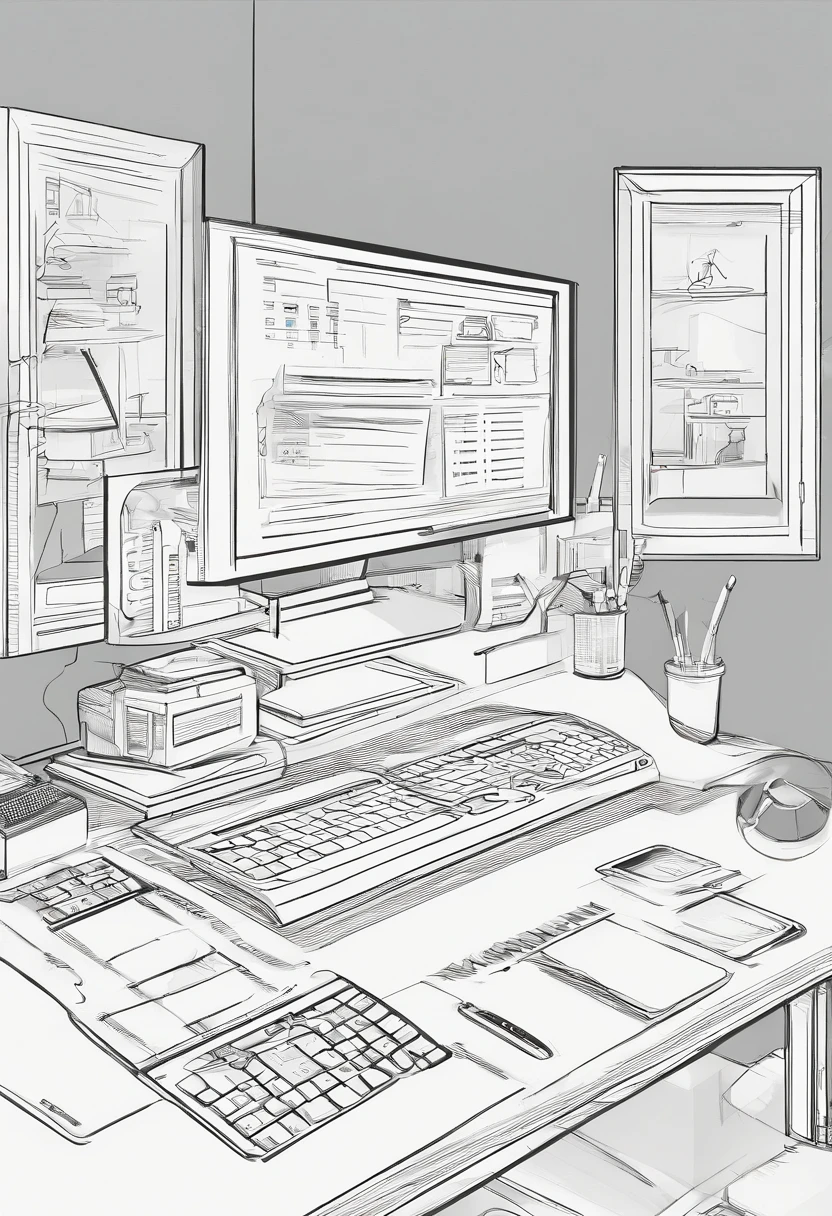 a working desk with pc, designer tools, and some toys, the screen on the PC displays mobile apps, make the style more futuristic but keeping it simple, clay render, white and blue and yellow