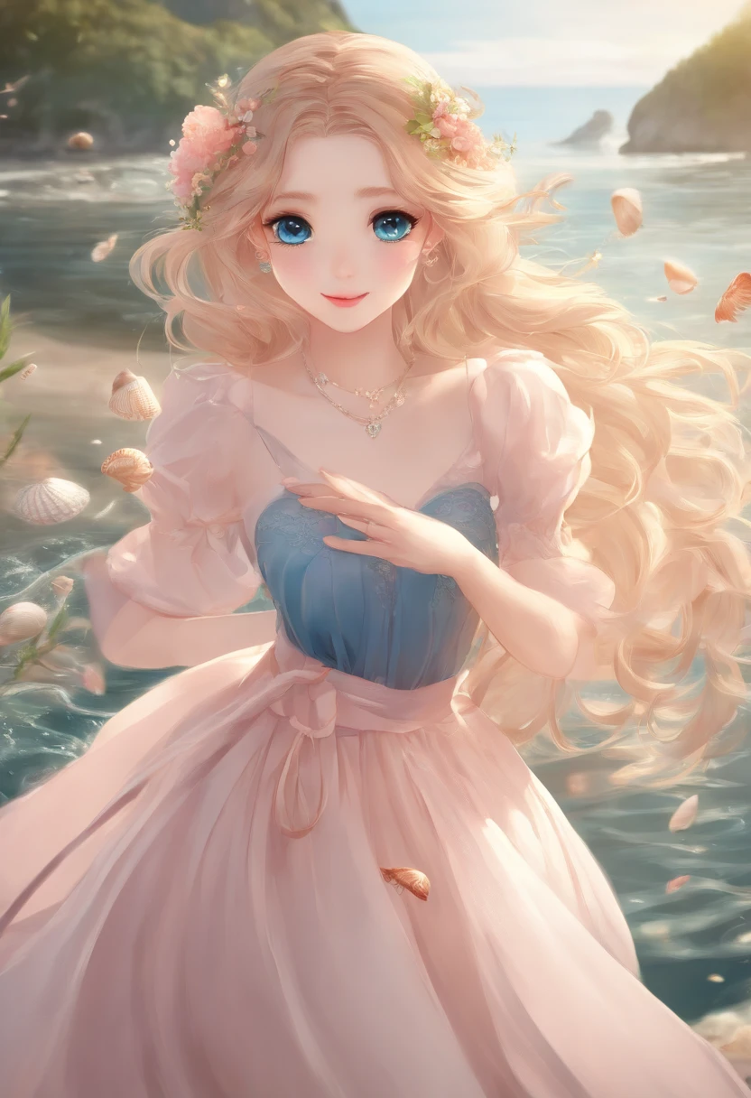 delicate and beautiful CG artwork),(best quality, ultra-detailed, high resolution),(dynamic angle, dynamic lighting),(1 character),(long pink and blonde hair), blue eyes, beautiful face), 1 girl, (long sideburns, plants, smile, long blue dress, 3 d, ocean, water, beach ball, sea shells, sunny, windy