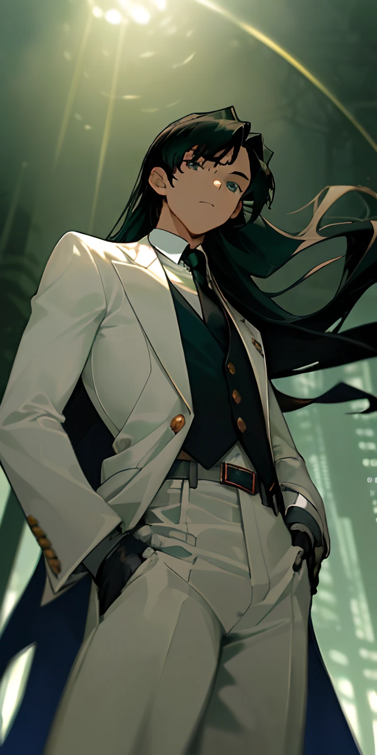 (masterpiece, best quality),(((from below, depth of field, dutch angle, green lighting))), floating hair, 1boy, solo, formal, hand in pocket, white and gold suit, black gloves, forest, looking at viewer, black necktie, fingerless gloves, white shirt, white jacket, belt, white pants, collared shirt, blue eyes, standing, long sleeves, black hair, landscape, open jacket, cowboy shot, skyscraper, white suit, day, pant suit, very long hair