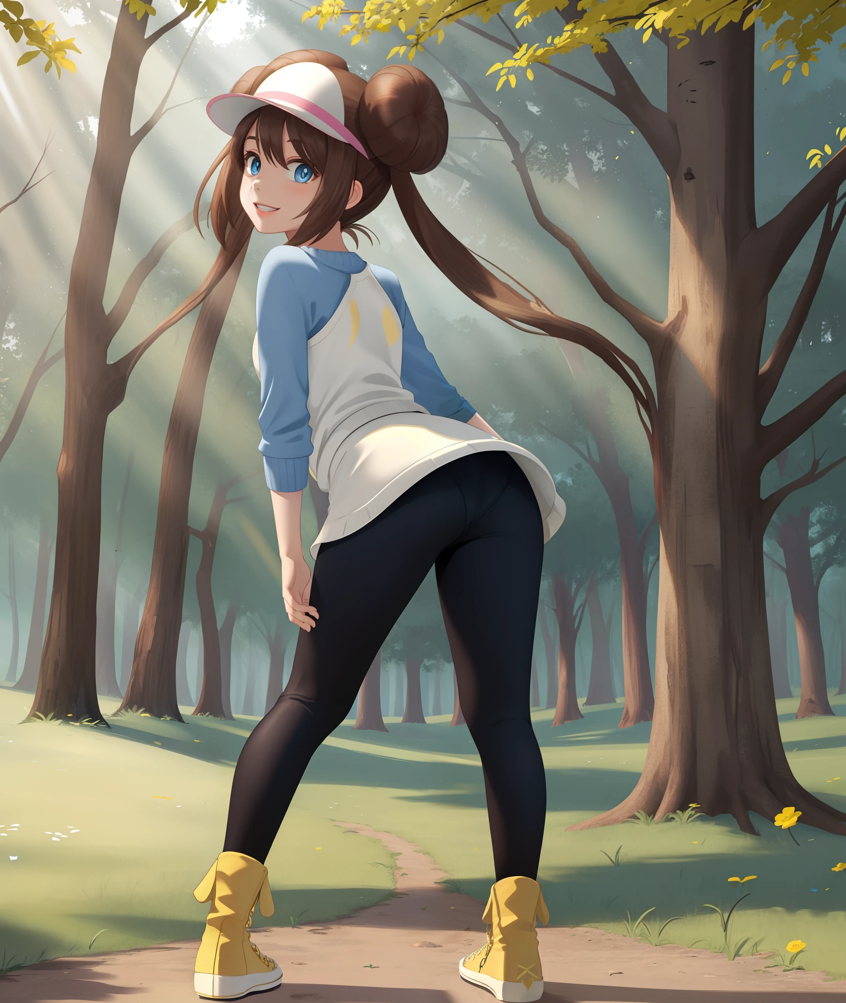 [Rosa_(Pokemon)], ((masterpiece)), ((high quality)), ((HD)), ((detailed shading)), ((beautiful solo portrait)), ((full body)), ((back view)), ((anime)), {attractive woman, brown hair, long twin tails, 2 hair buns, (beautiful blue eyes), beautiful thighs, gorgeous hips, beautiful lips, (excited smile), (white teeth)}, {(yellow long sleeve sweater), (blue sleeves), (black spandex yoga pants), (yellow converse sneakers), (yellow laces), (white visor with pink brim)}, {(standing), (bending over), (hands on knees), (looking back)}, [background; (park), (trees), (trees), (sun rays through trees)]