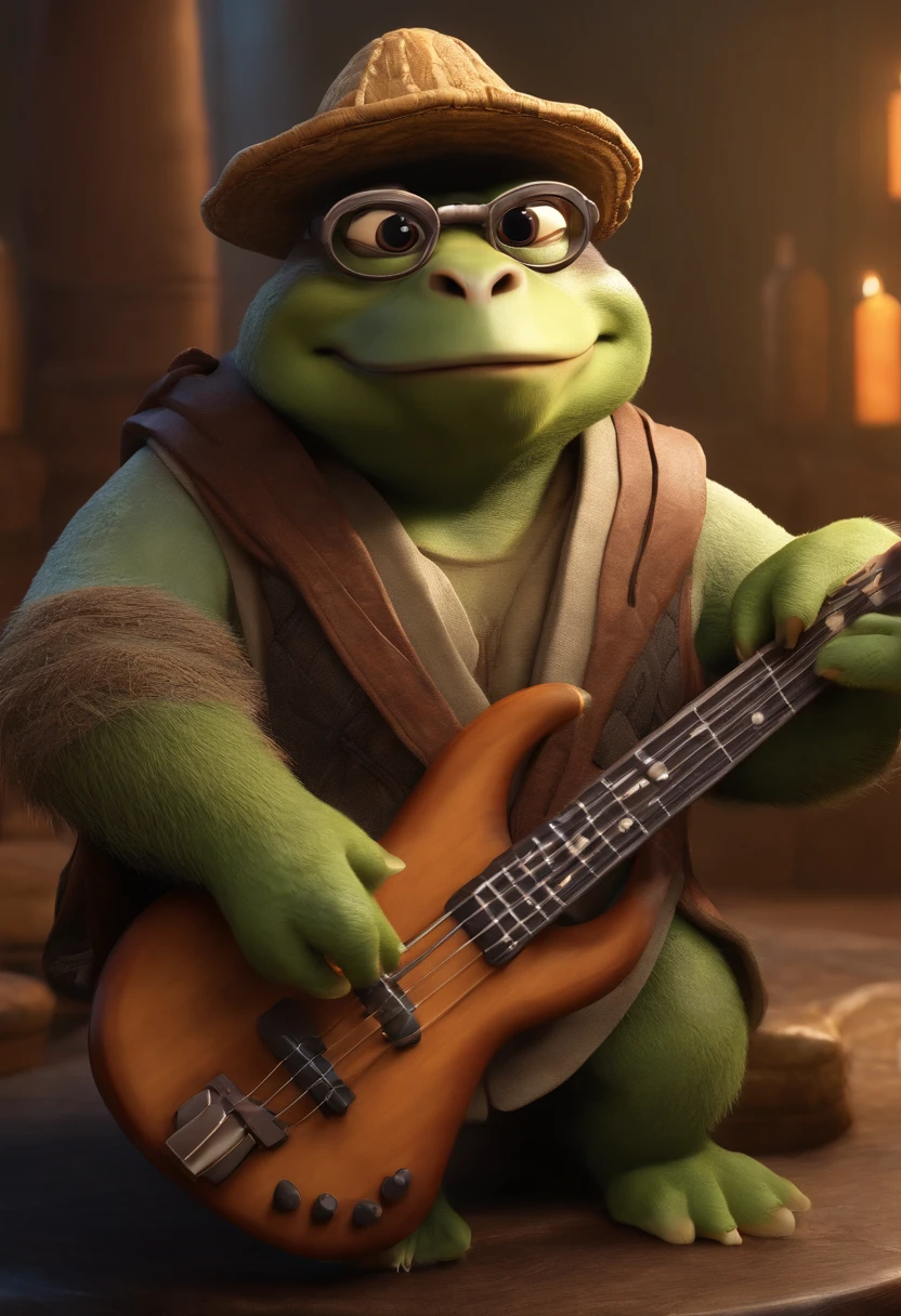Grand master oogway, wearing glasses and bucket hat, holding bass guitar