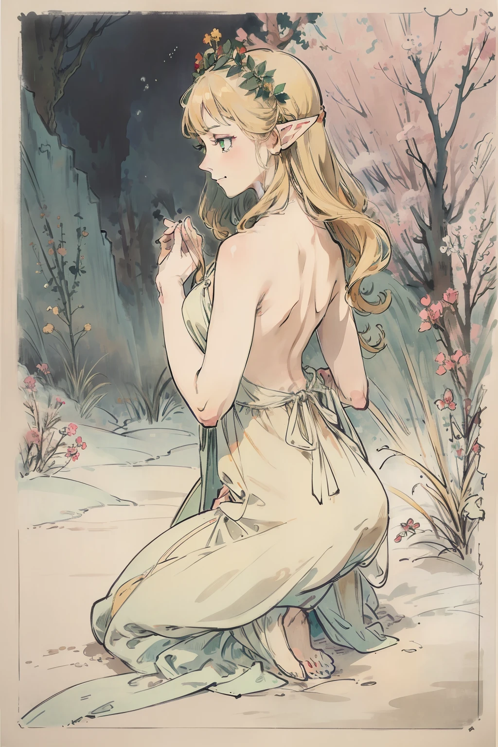 SFW,masutepiece, Best Quality, High resolution, 1girl in, Full body, Details Girl, detail hands, Detail fingers, Detail Face, detail legs, 1girl in, elf, Looking down, Flower Garden, Black sky, smog, watercolor paiting, pale skin, Petite, Blonde hair, Long hair, Wavy Hair, saddened, mournful smile, Green eyes, tareme, medium breasts, white sundress, Bare back, Kneeling, Planting trees