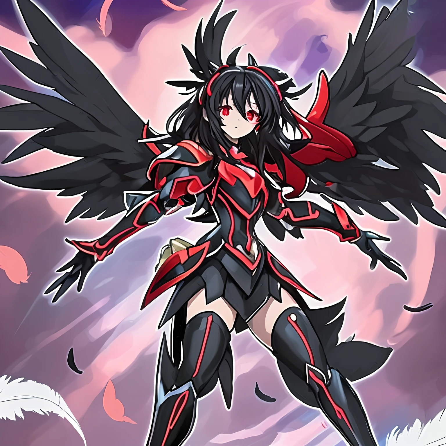 anime girl,black hair, red eyes,metallic armor, metal wings, masterpiece, 4k, absurdres,yugioh style yugioh monster glowing outline ,whirlwind of feathers background, stockings