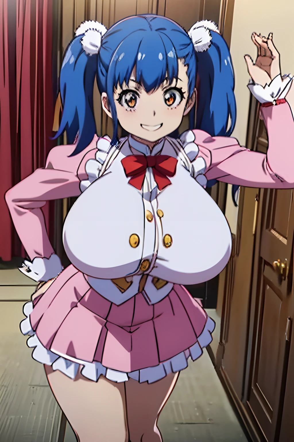 (breasts forcus:1)、(high-level image quality、masutepiece、hight resolution、4K,8K,Official art:1.1),Blue hair,Orange Eyes,Twin tail,(Huge breasts:1.2),tusk,azulejo_(gravity),two side up,All Crosses,Red ribbons、white frills、Pink skirt,(Happy smile:1.1)