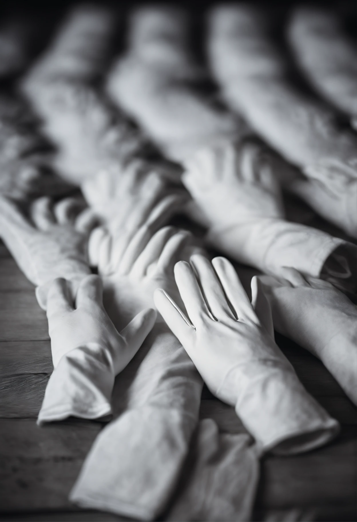a lot of white gloves laid out on the floor,