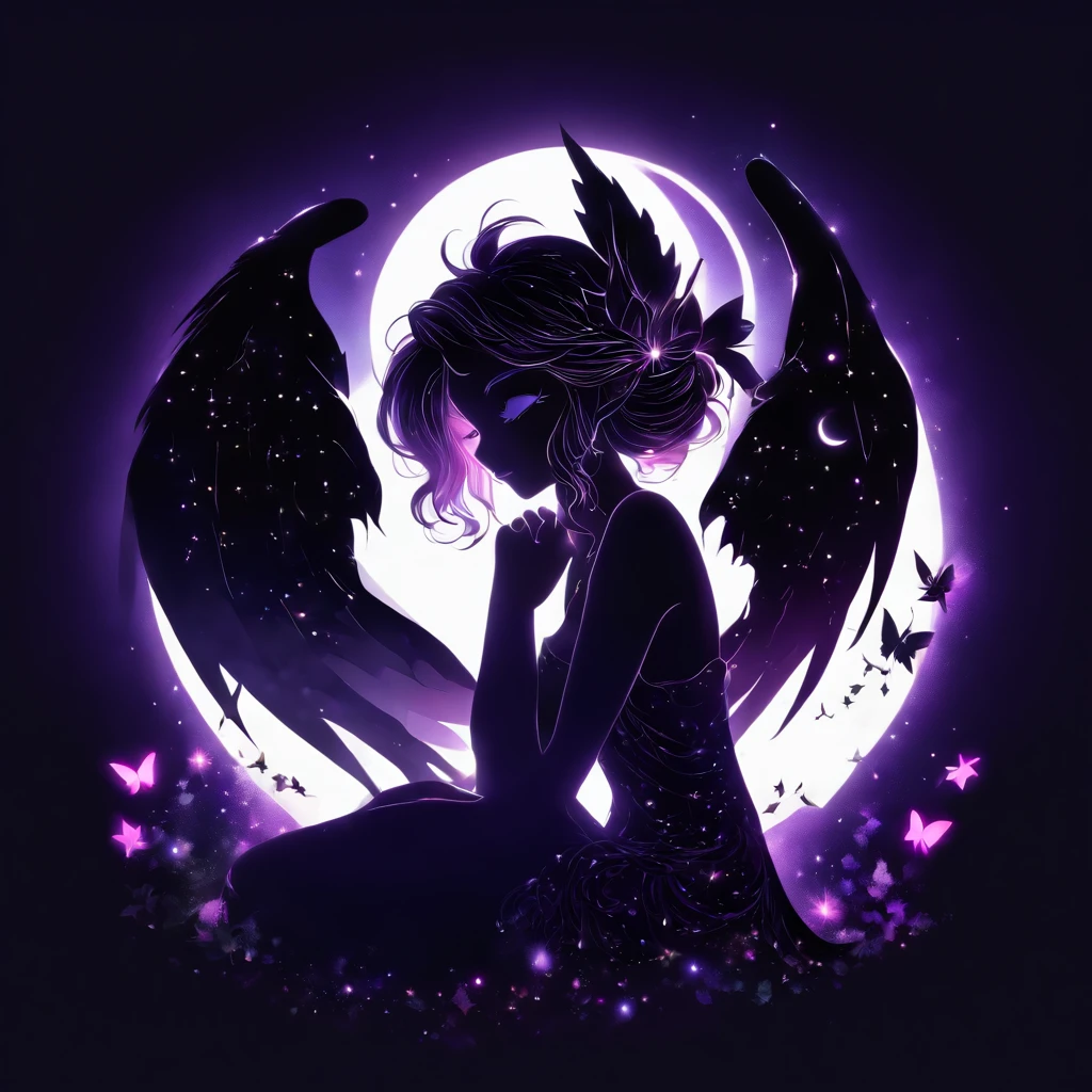 create a minimalist black and white logo of a beautiful fairy with wings sitting on a half moon, the logo will be for an esoteric store