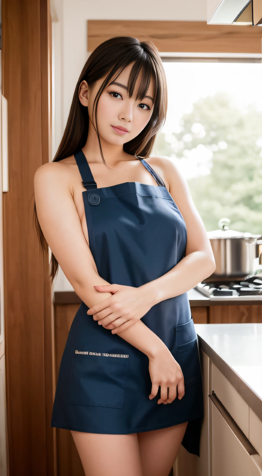 hightquality、masterpiece、ultra res、cute girl face、kitchin、barechested、pinafore、NAKED Apron、full body Esbian、Famous actresses of Japan、Very beautiful face、A sexy