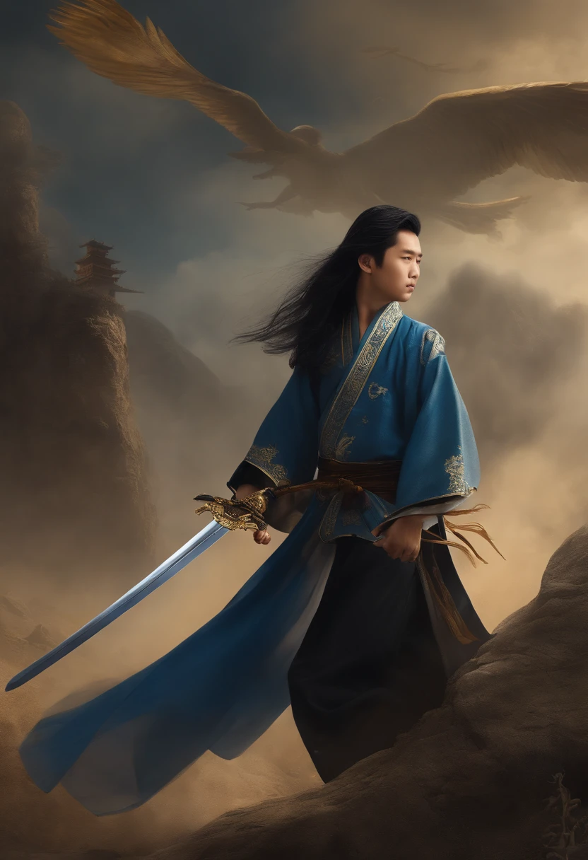 Ancient Chinese style boy,Wears a black robe trimmed with gold,blue-sky,Sword in hand,Step on the sword and fly,Many swords followed,Long black hair fluttering,Golden pupils,In mid-air,
