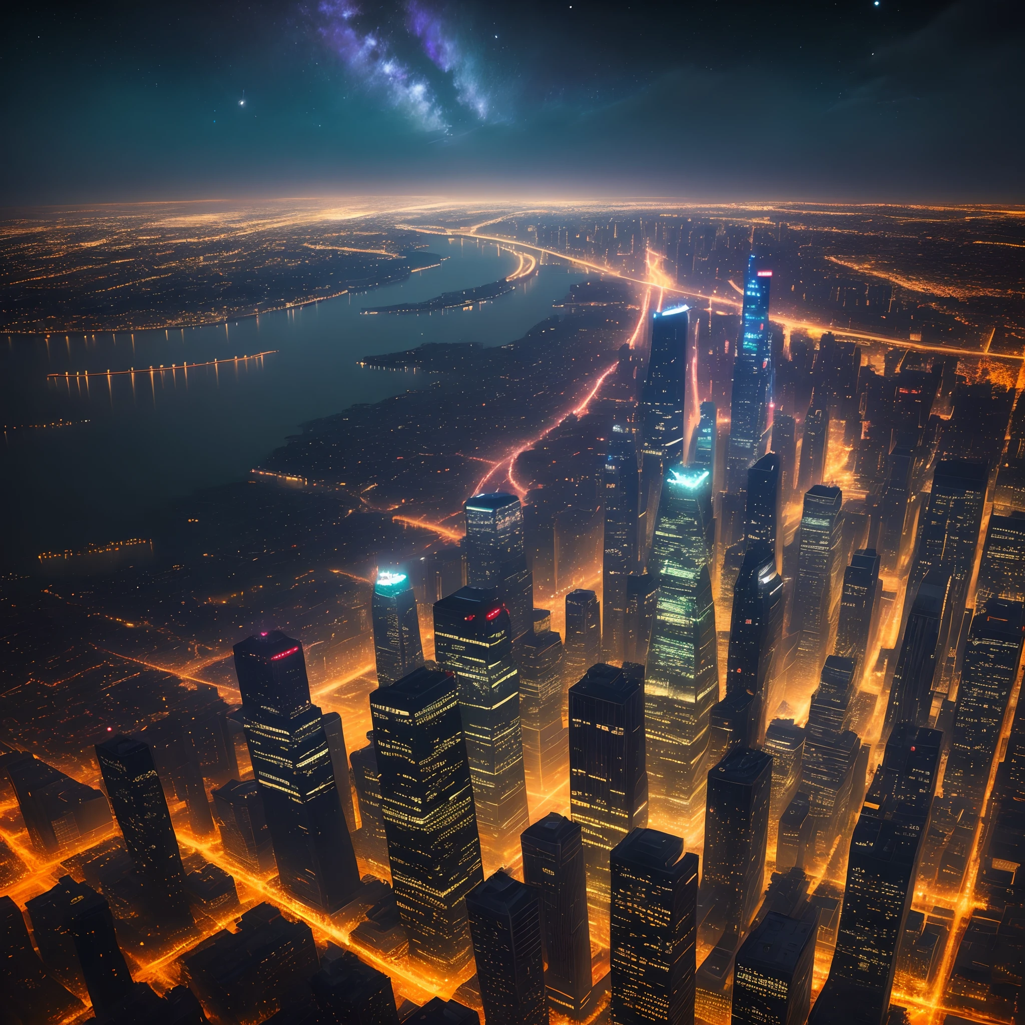 Big city with lights, night time, the galaxy above the city,