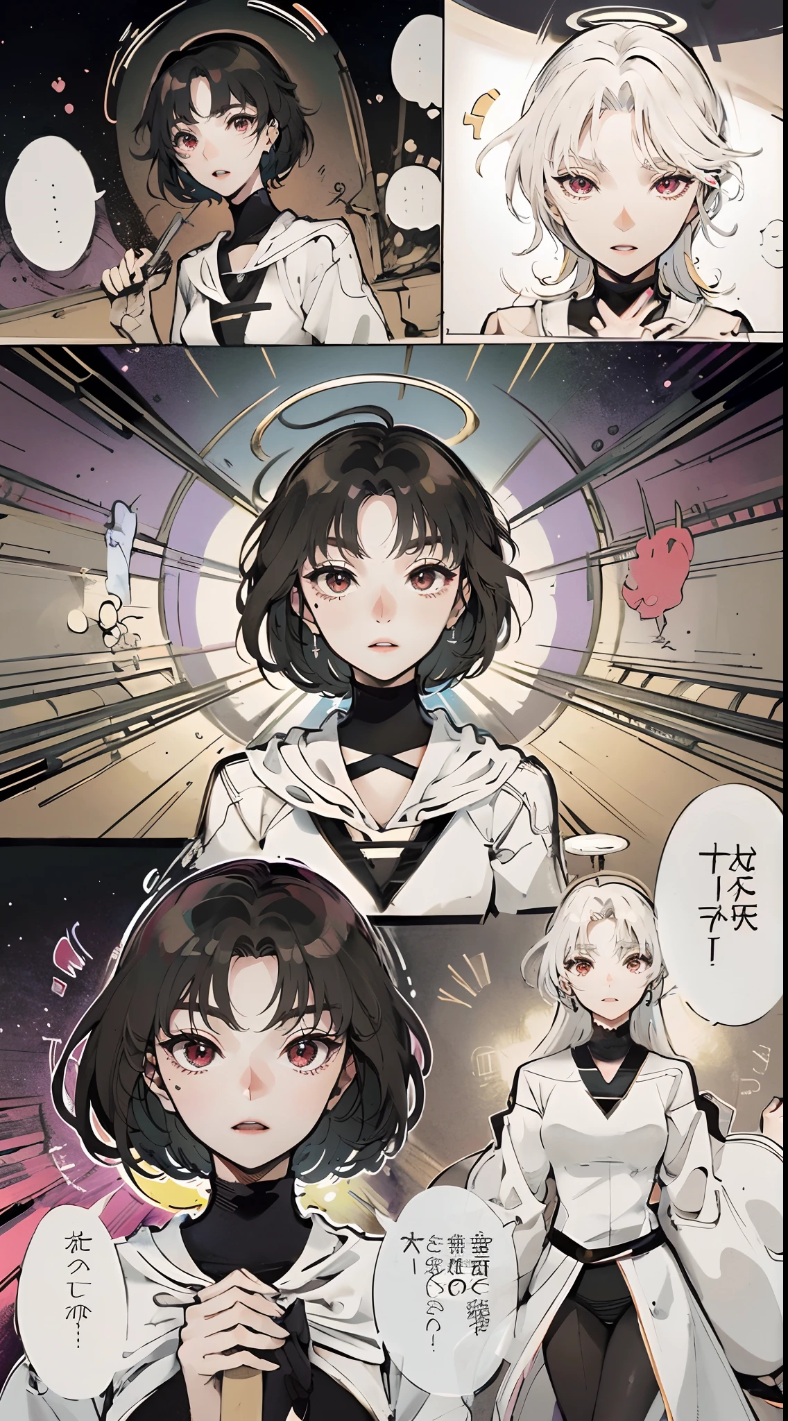 Comic storyboard,A creature taken from all men's dreams，female bodies, There is a bright halo on the head, Red eyes，Human conquest plan，In a space full of psychedelic patterns，轴对称，anatomy correct