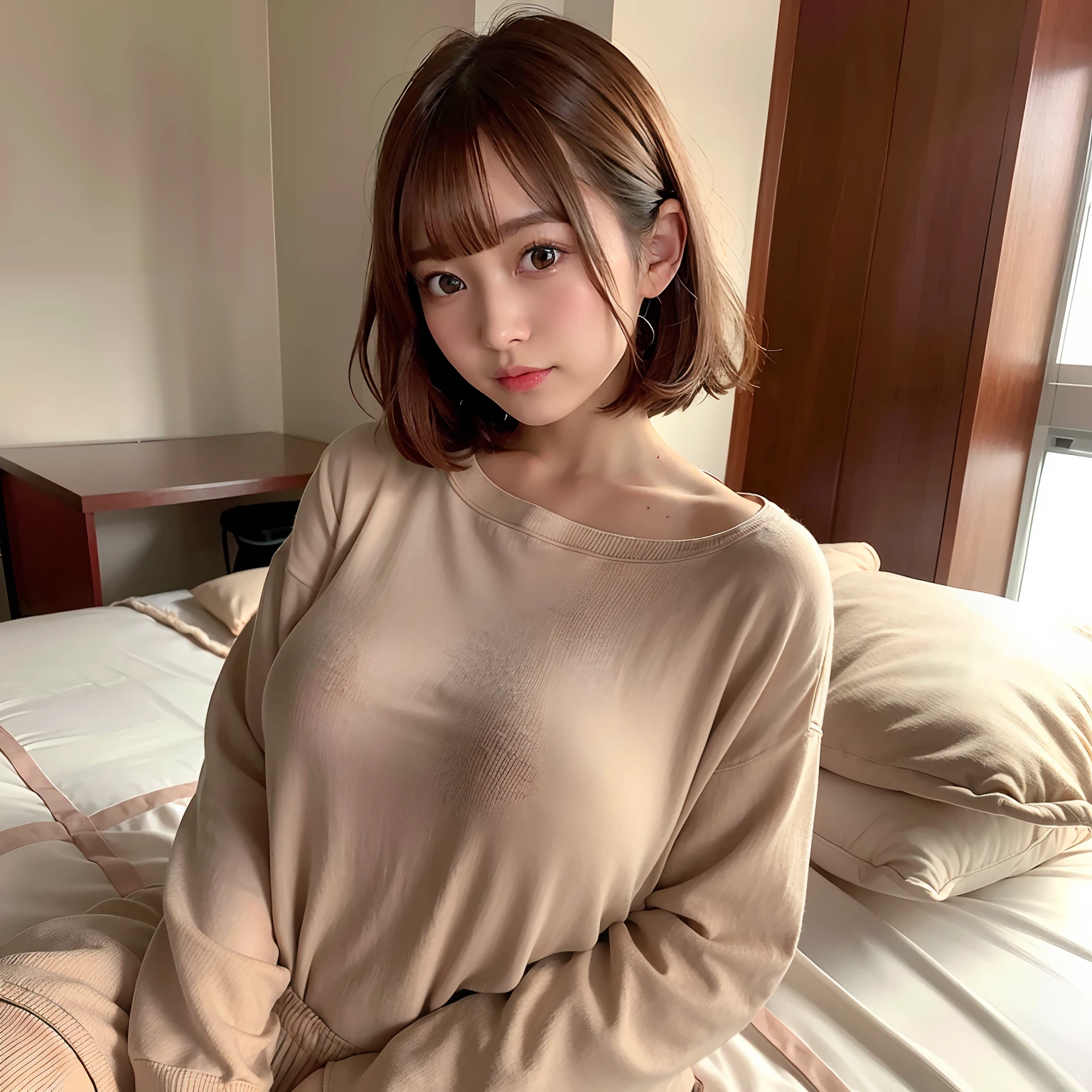 muste piece, best quality, illustration, Super detailed, fine details, High resolution, 8K,wall paper, perfect dynamic composition,(Details High quality, realistic depiction of eyes:1.3), (Fashionable、Beige oversized sweatshirt、long-sleeve), large breasts,short bob hair, black hair color, Big Natural Color Lip, bold sexy pose, crying a little、cold gaze, Harajuku style、20 year old girl、cute type、lolita、beautiful legs, hotel room, hposing Gravure Idol, woman on top, straddling, sitting)