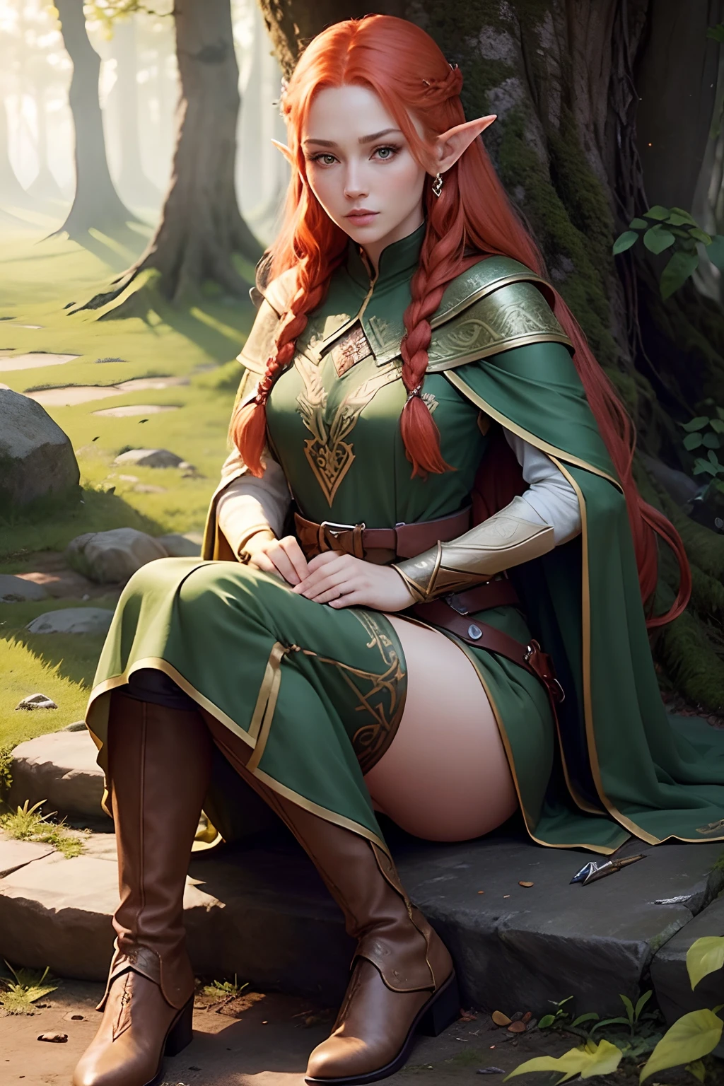 Elven War Dress: Elegant and functional details in a green tone.
Light Armor: Protects without sacrificing mobility, with inlaid elvish motifs.
Combat Boots: Durable calf-high leather boots.
Belt with pouches or pockets for carrying tools or potions.
Leather Gloves.
Cloak or Tunic.
Characteristic Elven Weapon, such as a bow and arrows.
Accessories: Elven-inspired jewelry or amulets that add a touch of elegance and spiritual significance.
Red Hair: Long red hair gathered in a braid.
Subtle makeup accentuating her elven eyes and features, emphasizing the connection with nature,  full body down to the feet
