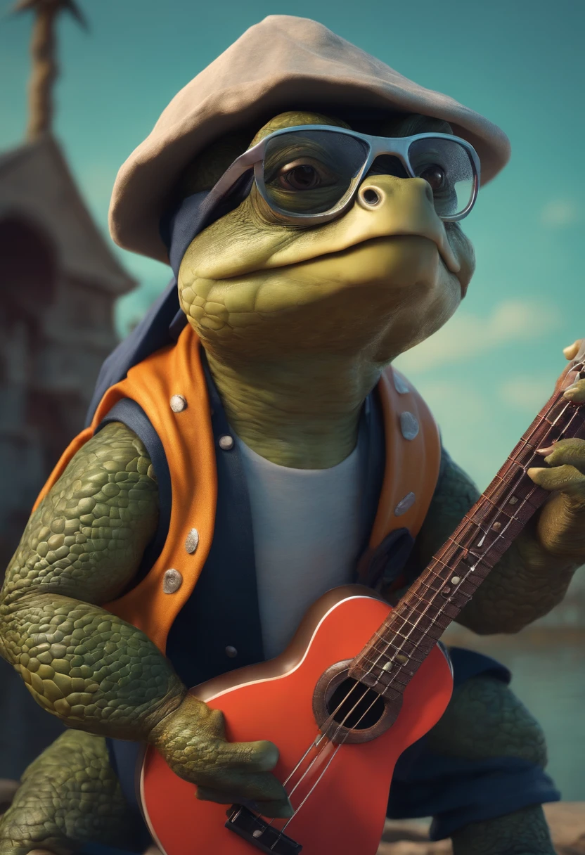 Turtle ((old karate)), holding bass guitar, wearing glasses and bucket hat