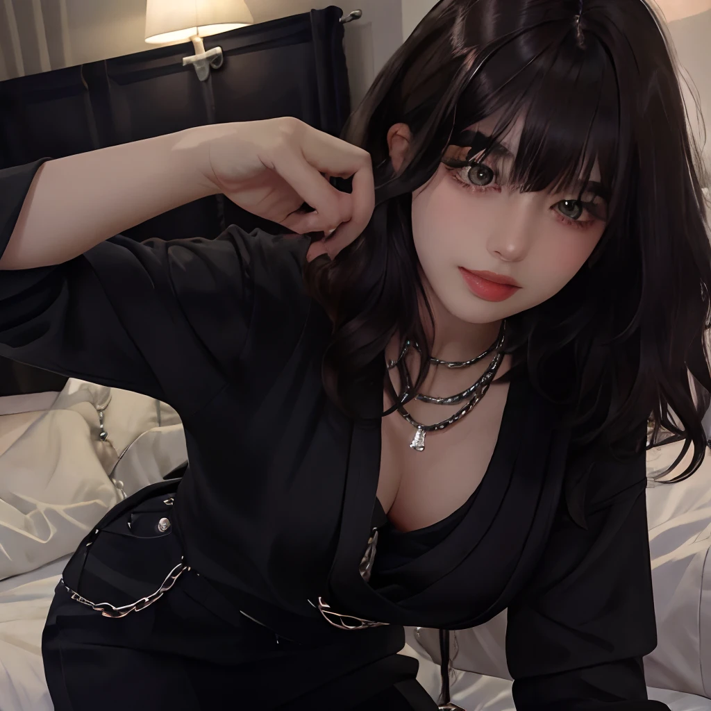 masterpiece, best quality,realistic,absurdres,1girl,looking at viewer,long hair,egirl_outfit,egirl_face, night, bedroom, face detail, face retouch, downblouse, leaning forward, giant breasts, smiling, laughing, short hair with messy bangs, curly hair, chains, spiky hair, spiked hair