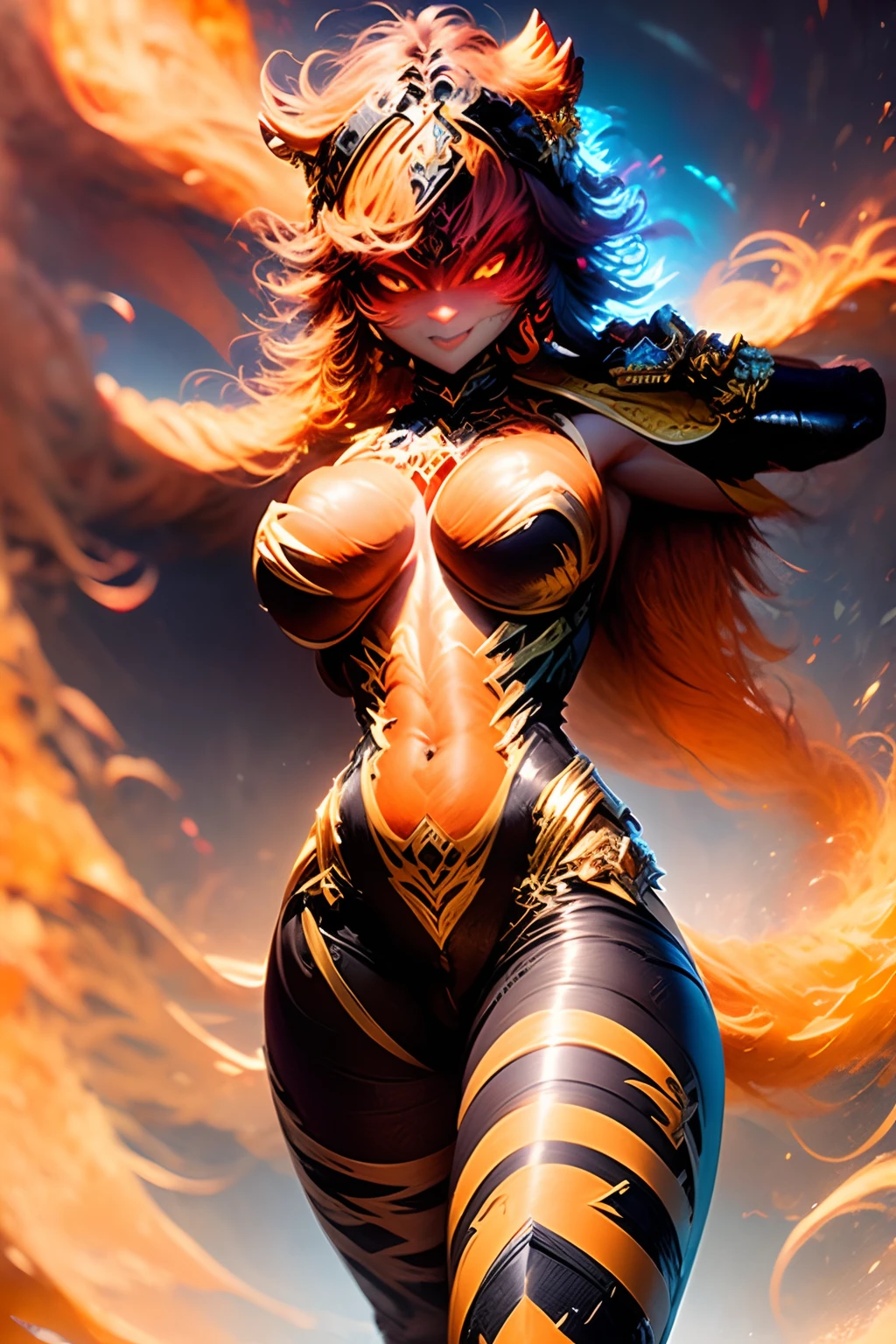 (simplistic),full body view,intricate details,(best quality),(masterpiece:1.2),(detailed:1.2),(sharp focus),1girl,(orange furry skin),strong body,thick thighs,BREAK heavy full armor,holding dagger,tiger ears,tiger tail,(scars),abs,evil expression,black cape,helmet (solo)