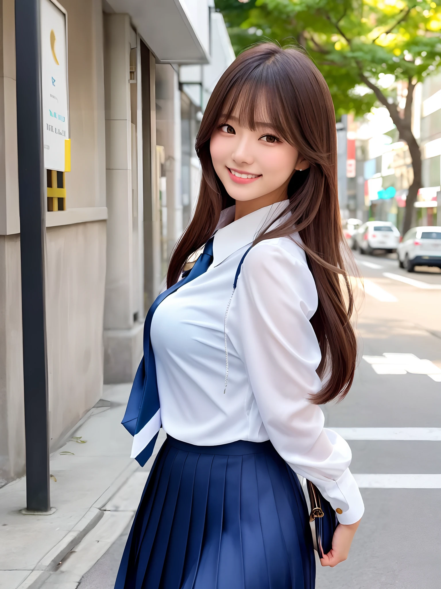 product quality, 1girl, upper body shot, front view, a Japanese young pretty woman, long bob hair, walking on a crowded sidewalk with a big smile in the morning, beautiful sunshine, glamorous figure, wearing a long sleeves dark blue cardigan over white collared silky satin shirt with shiny satin dark blue plain tie, wearing a dark blue pleated long skirt, carrying one tote bag over her shoulder, hyper cute face, glossy lips, double eyelids in both eyes, natural makeup, long eyelashes, shiny smooth light brown long bob hair, asymmetrical bangs, a tanned skin, central image, high resolution, high detail, detailed hairstyle, detailed face, spectacular cinematic lighting, octane rendering, vibrant, hyper realistic, perfect limbs, perfect anatomy