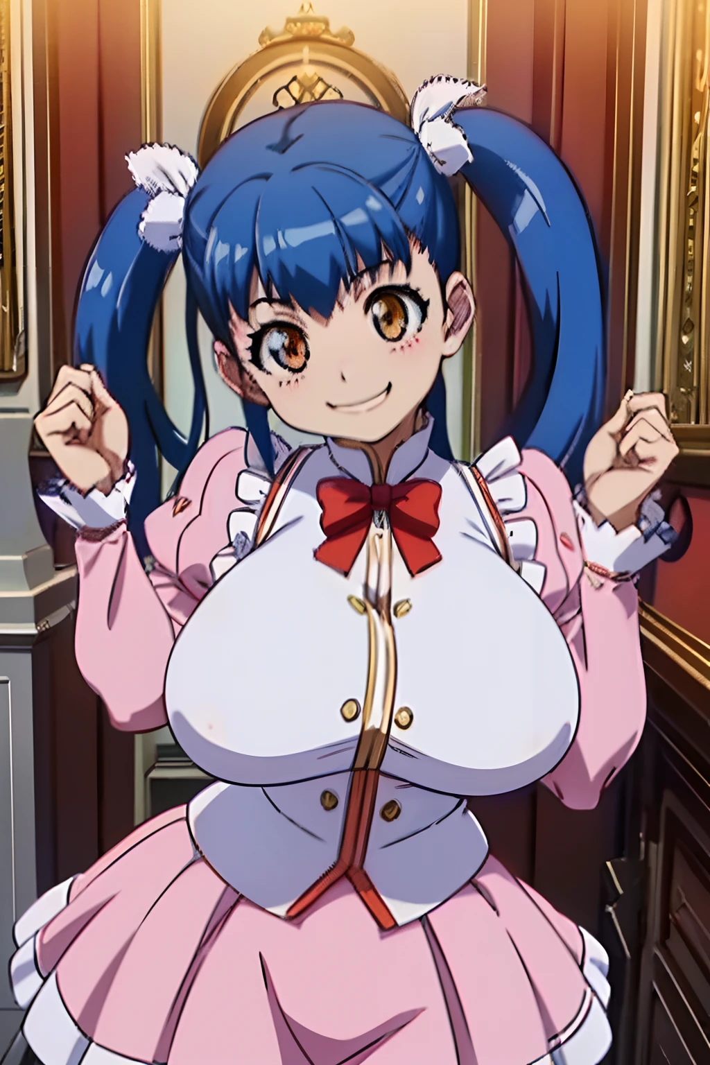 (breasts forcus:1)、(high-level image quality、masutepiece、hight resolution、4K,8K,Official art:1.1),Blue hair,Orange Eyes,Twin tail,(Huge breasts:1.2),tusk,azulejo_(gravity),two side up,All Crosses,Red ribbons、white frills、Pink skirt,(Happy smile:1.1)