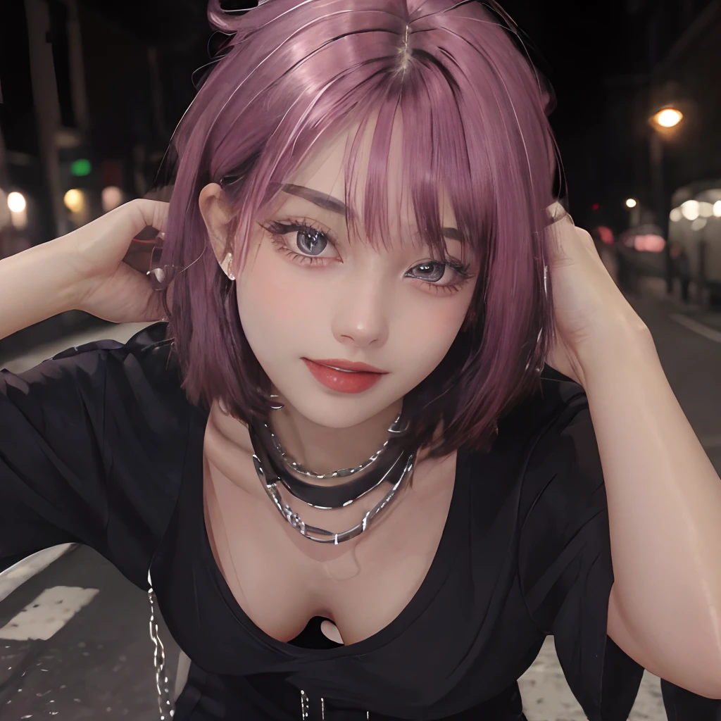 masterpiece, best quality,realistic,absurdres,1girl,looking at viewer,egirl_outfit,egirl_face, night, street, face detail, face retouch, downblouse, leaning forward, massive breasts, smiling, laughing, short hair with wispy bangs, chains, spiky hair, spiked hair